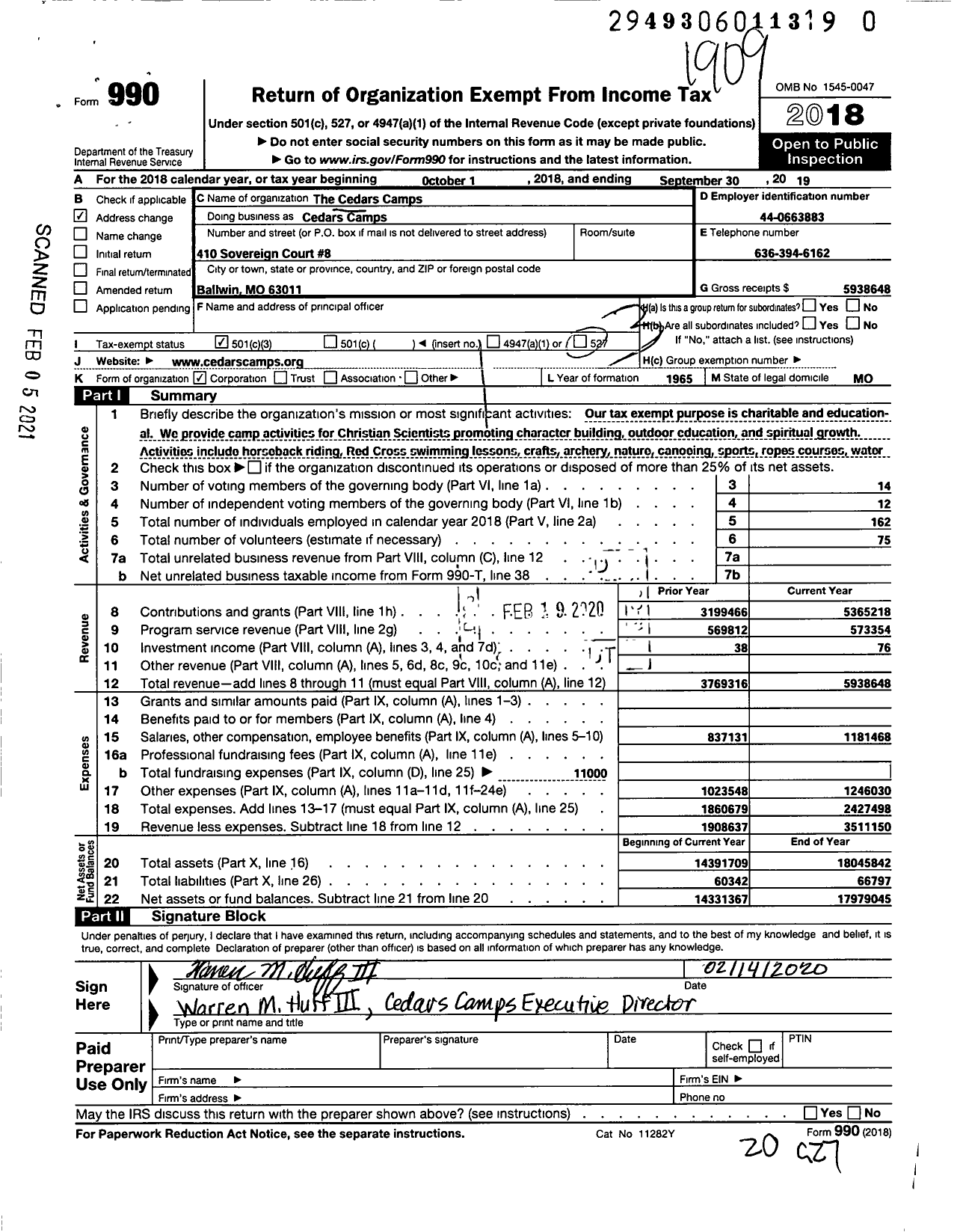 Image of first page of 2018 Form 990 for Cedars Camps