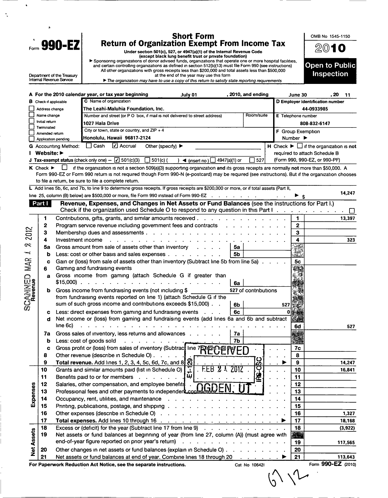 Image of first page of 2010 Form 990EZ for The Leahi-Maluhia Foundation
