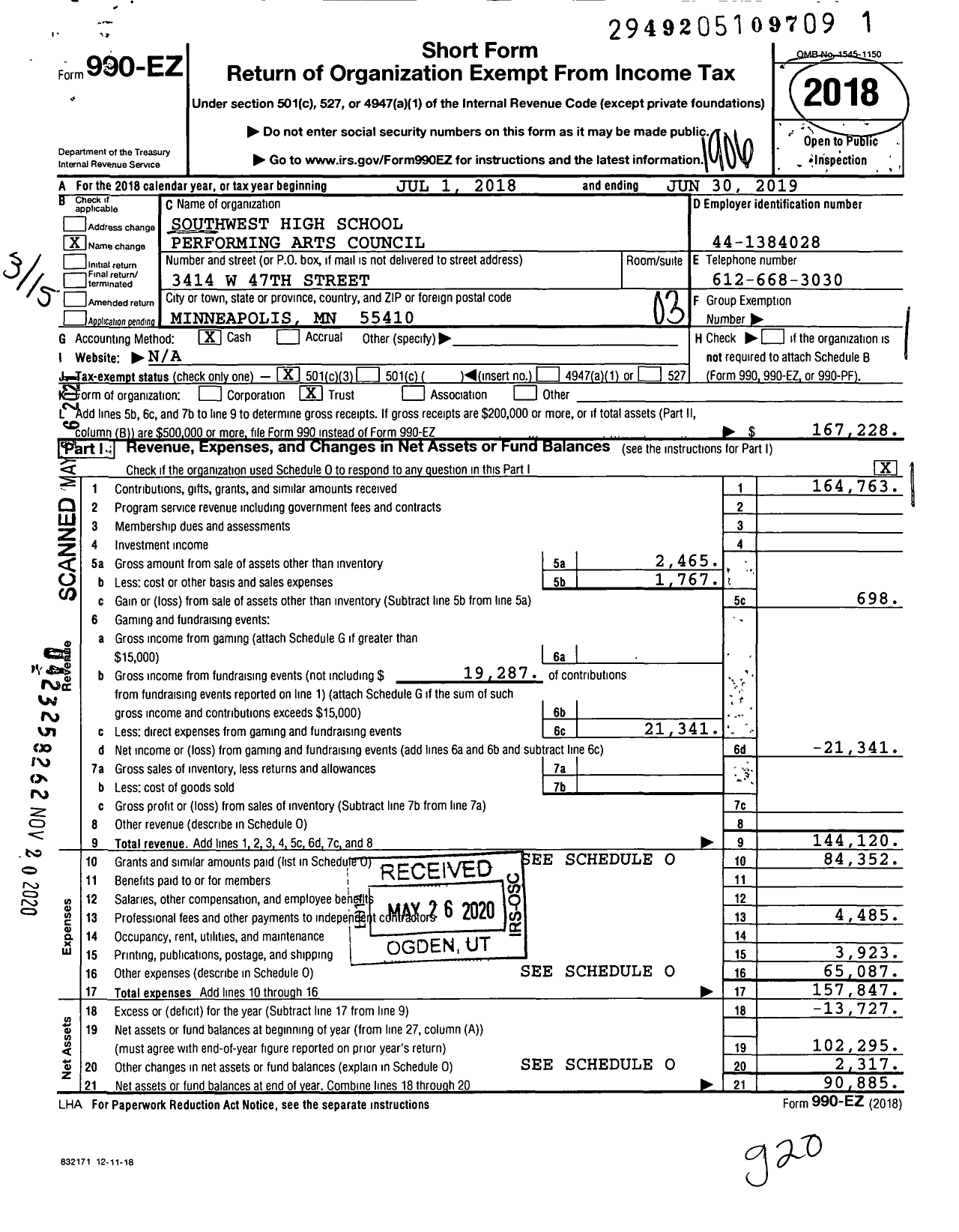 Image of first page of 2018 Form 990EZ for Southwest High School Performing Arts Council