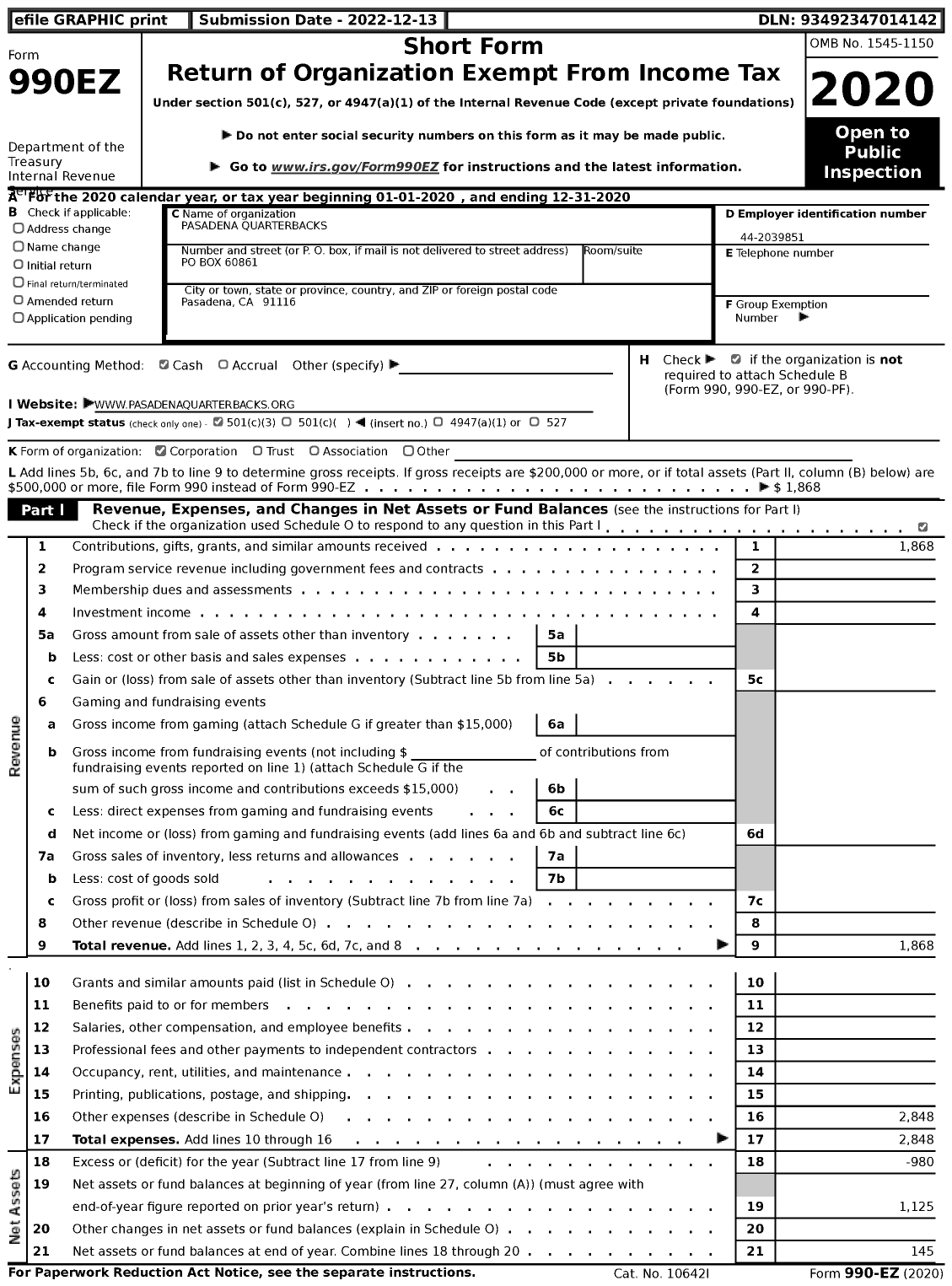 Image of first page of 2020 Form 990EZ for Pasadena Quarterbacks