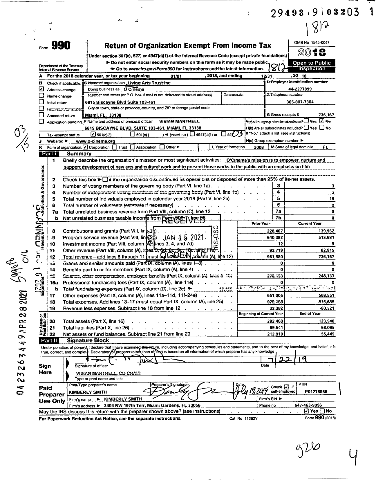 Image of first page of 2018 Form 990 for O Cinema