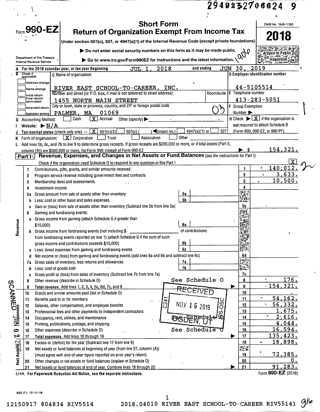 Image of first page of 2018 Form 990EZ for River East School-To-Career