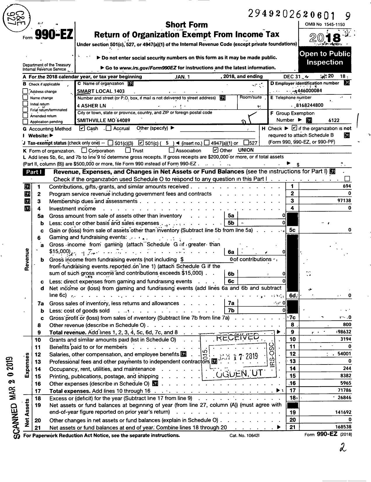 Image of first page of 2018 Form 990EO for smart Union - 1403 TD