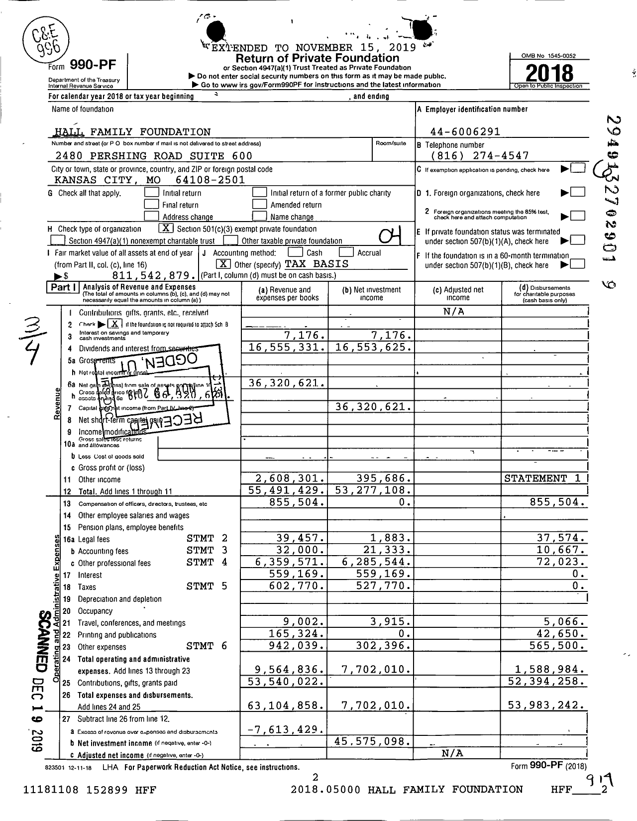 Image of first page of 2018 Form 990PF for Hall Family Foundation