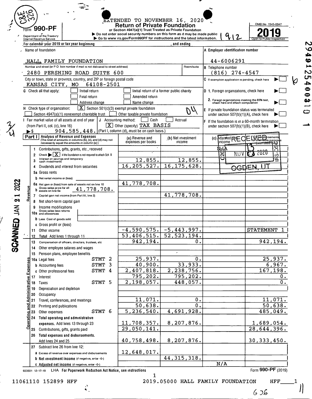 Image of first page of 2019 Form 990PF for Hall Family Foundation