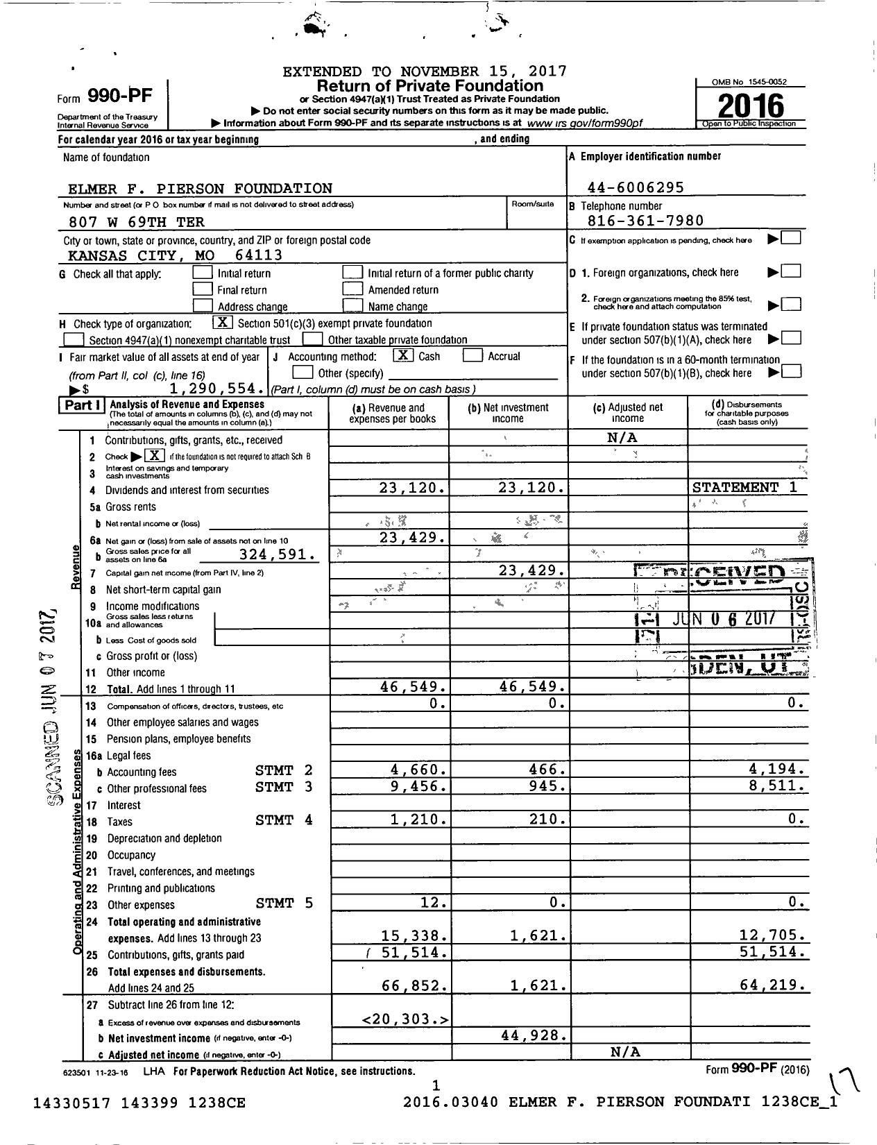 Image of first page of 2016 Form 990PF for Elmer F Pierson Foundation