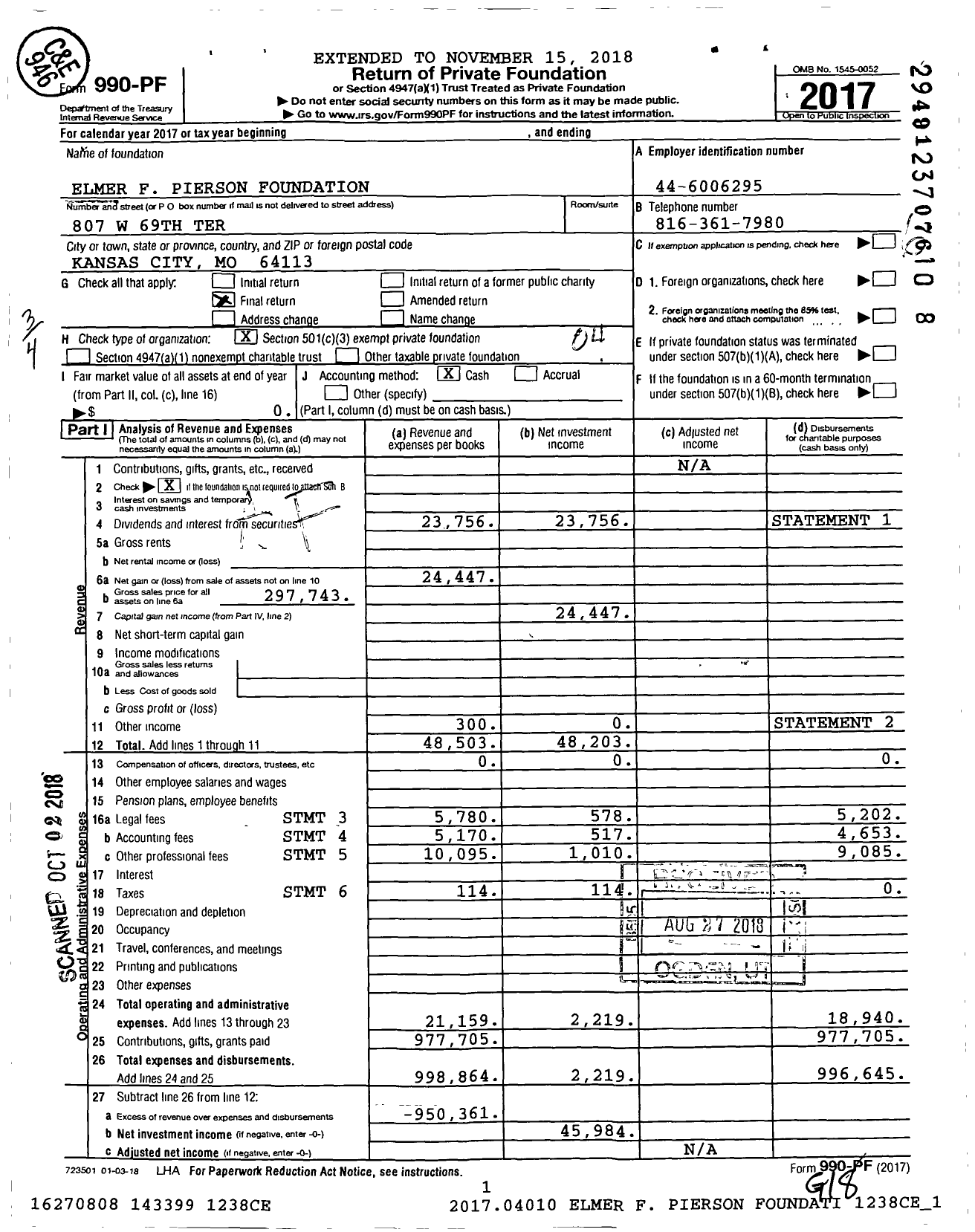 Image of first page of 2017 Form 990PF for Elmer F Pierson Foundation