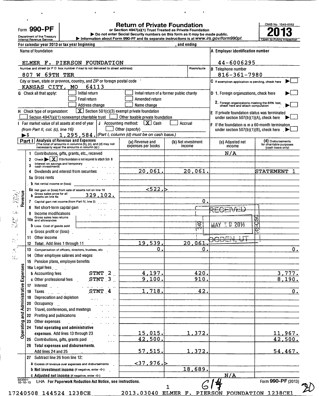 Image of first page of 2013 Form 990PF for Elmer F Pierson Foundation