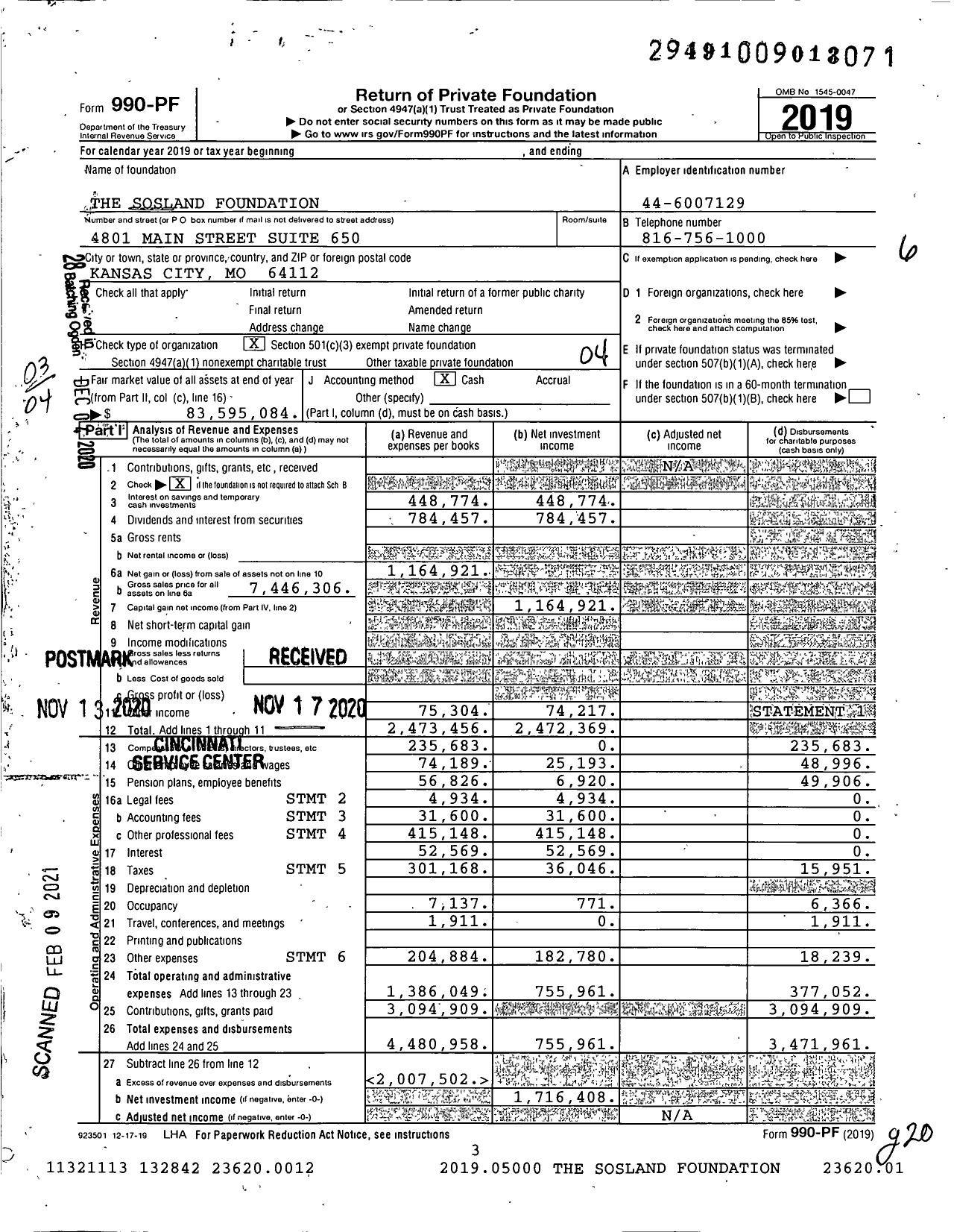 Image of first page of 2019 Form 990PF for The Sosland Foundation