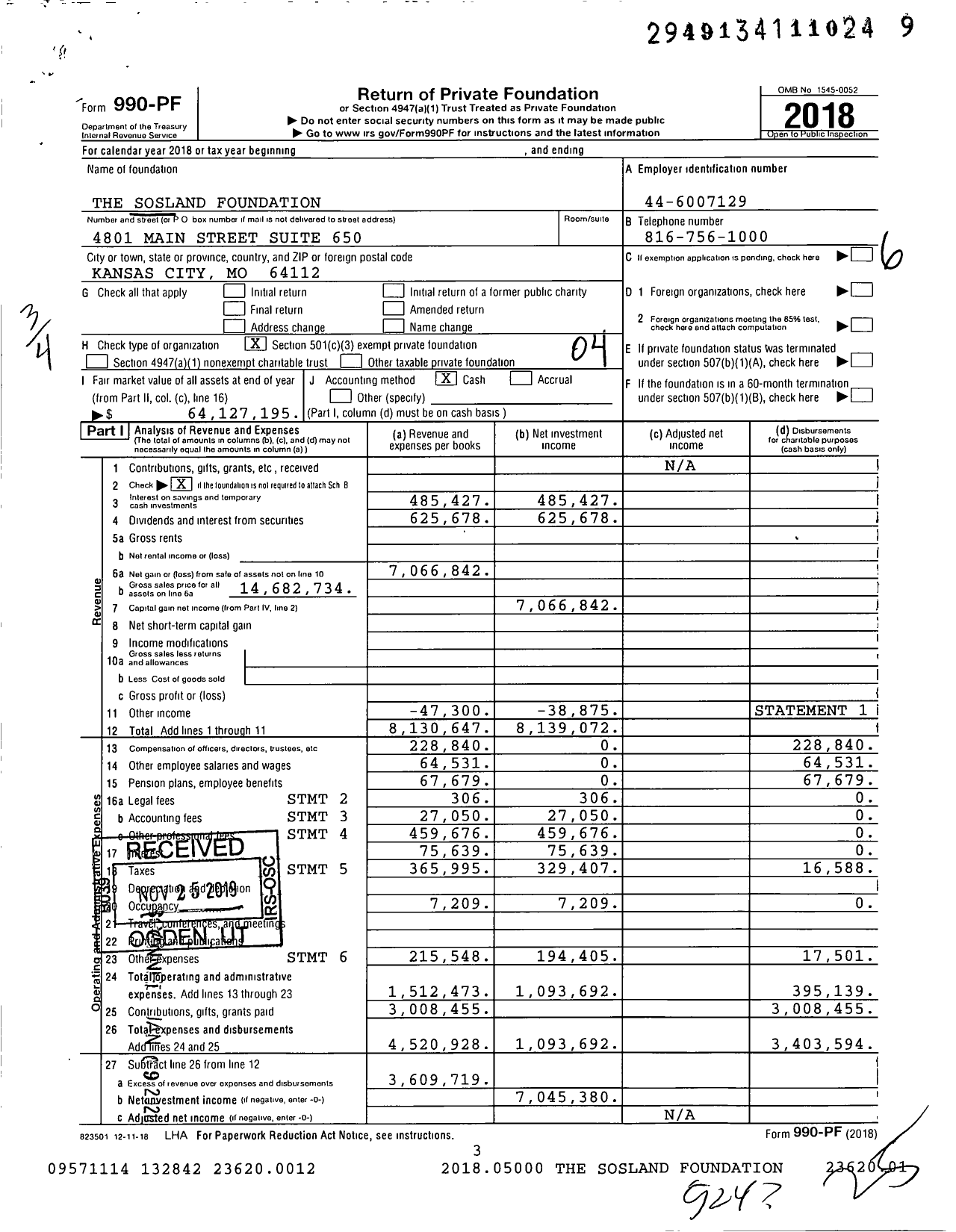 Image of first page of 2018 Form 990PF for The Sosland Foundation