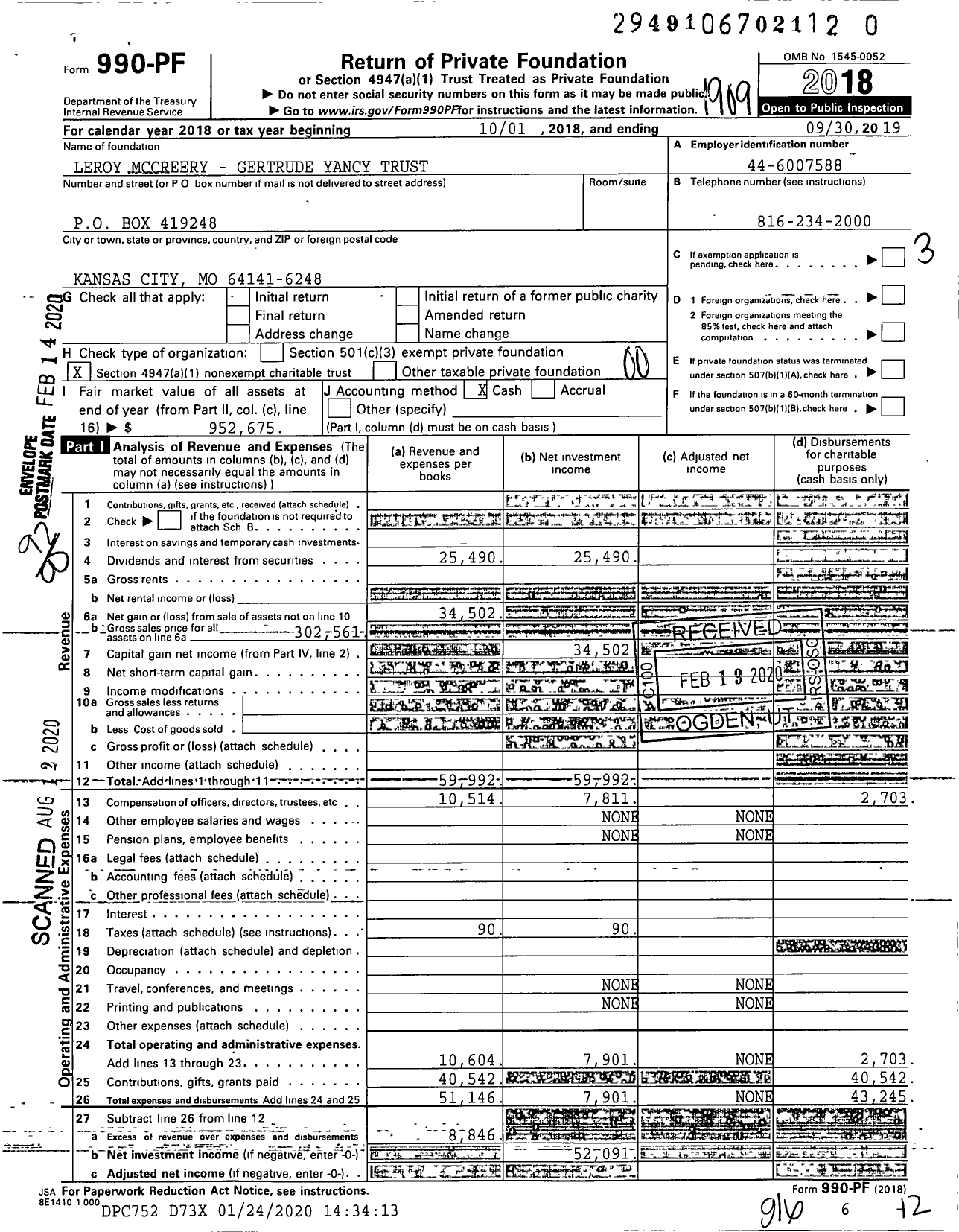 Image of first page of 2018 Form 990PR for Leroy Mccreery - Gertrude Yancy Trust