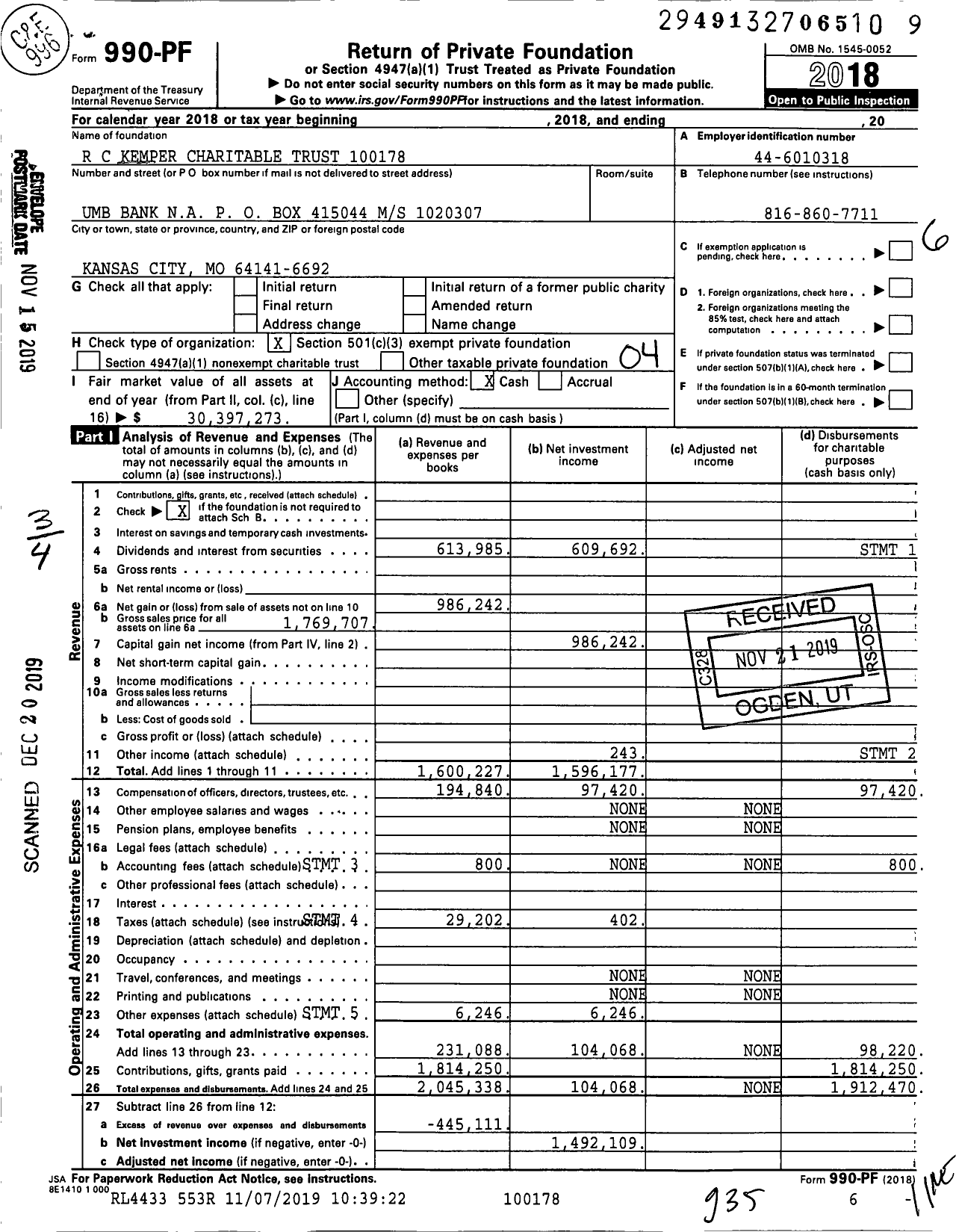 Image of first page of 2018 Form 990PF for R C Kemper Charitable Trust 10017800