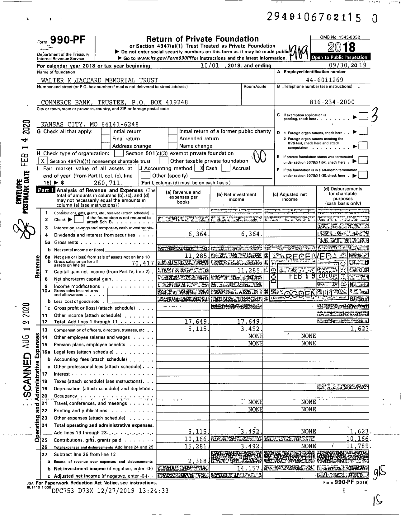 Image of first page of 2018 Form 990PR for Walter M Jaccard Memorial Trust