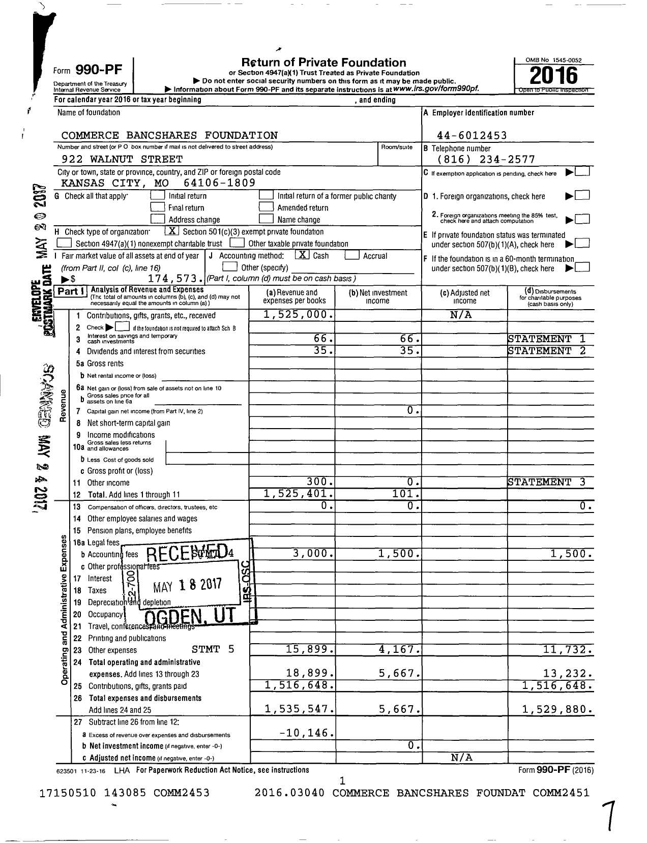 Image of first page of 2016 Form 990PF for Commerce Bancshares Foundation
