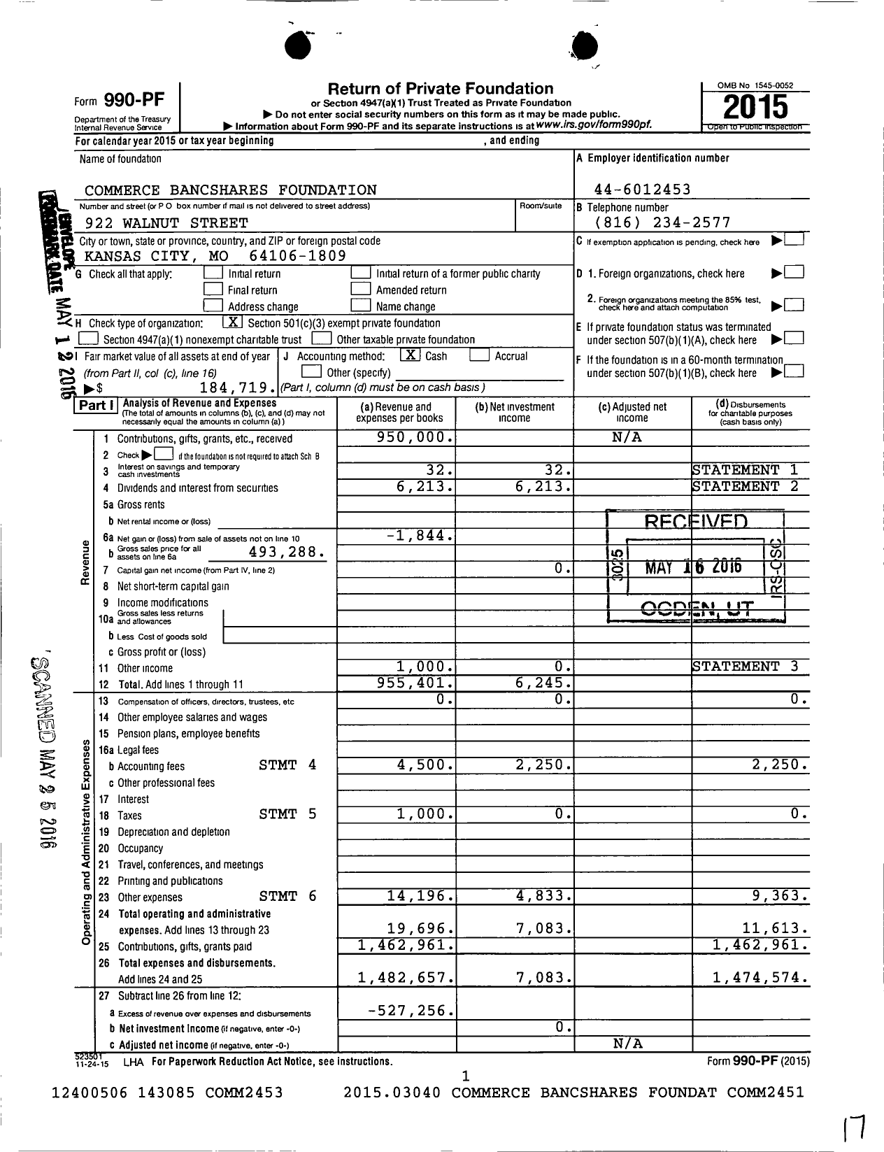 Image of first page of 2015 Form 990PF for Commerce Bancshares Foundation