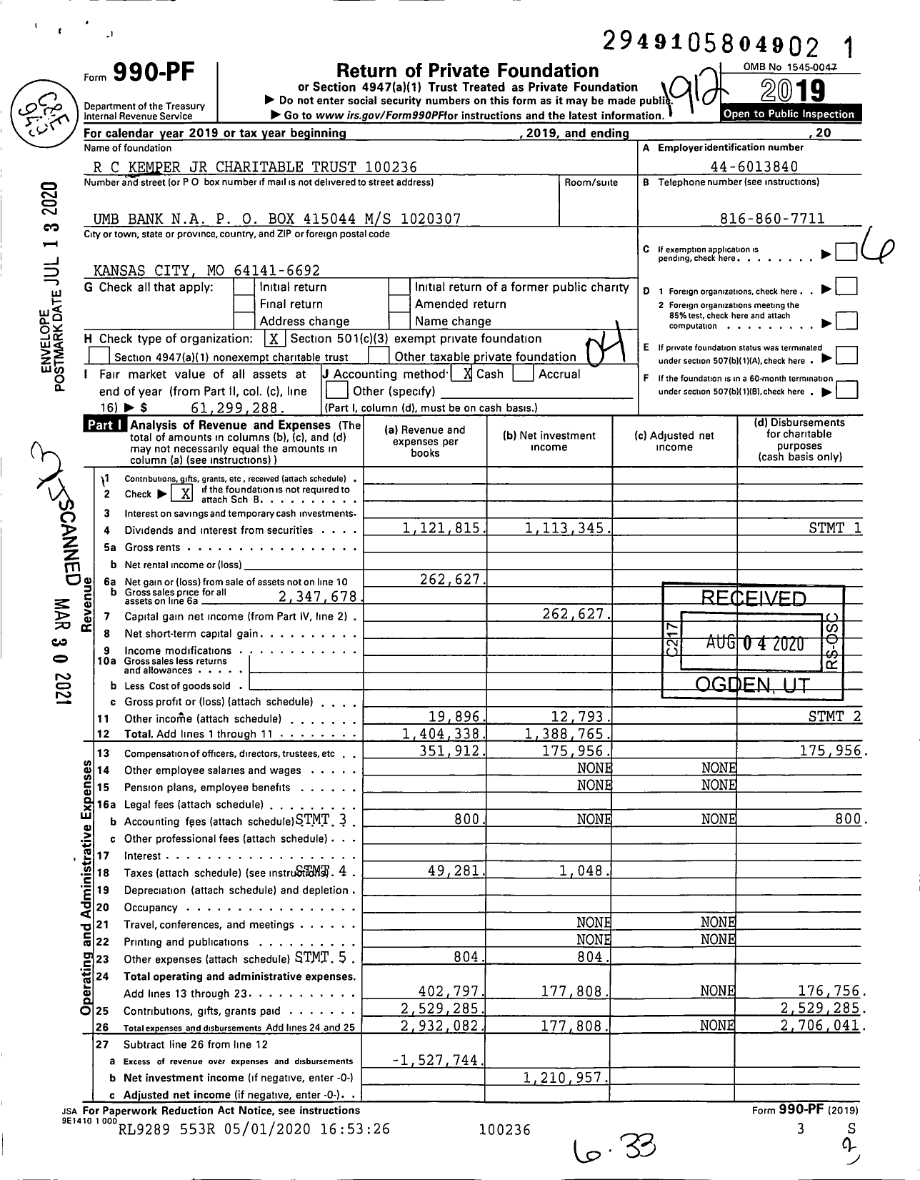 Image of first page of 2019 Form 990PF for R C Kemper JR Charitable Trust 10023600