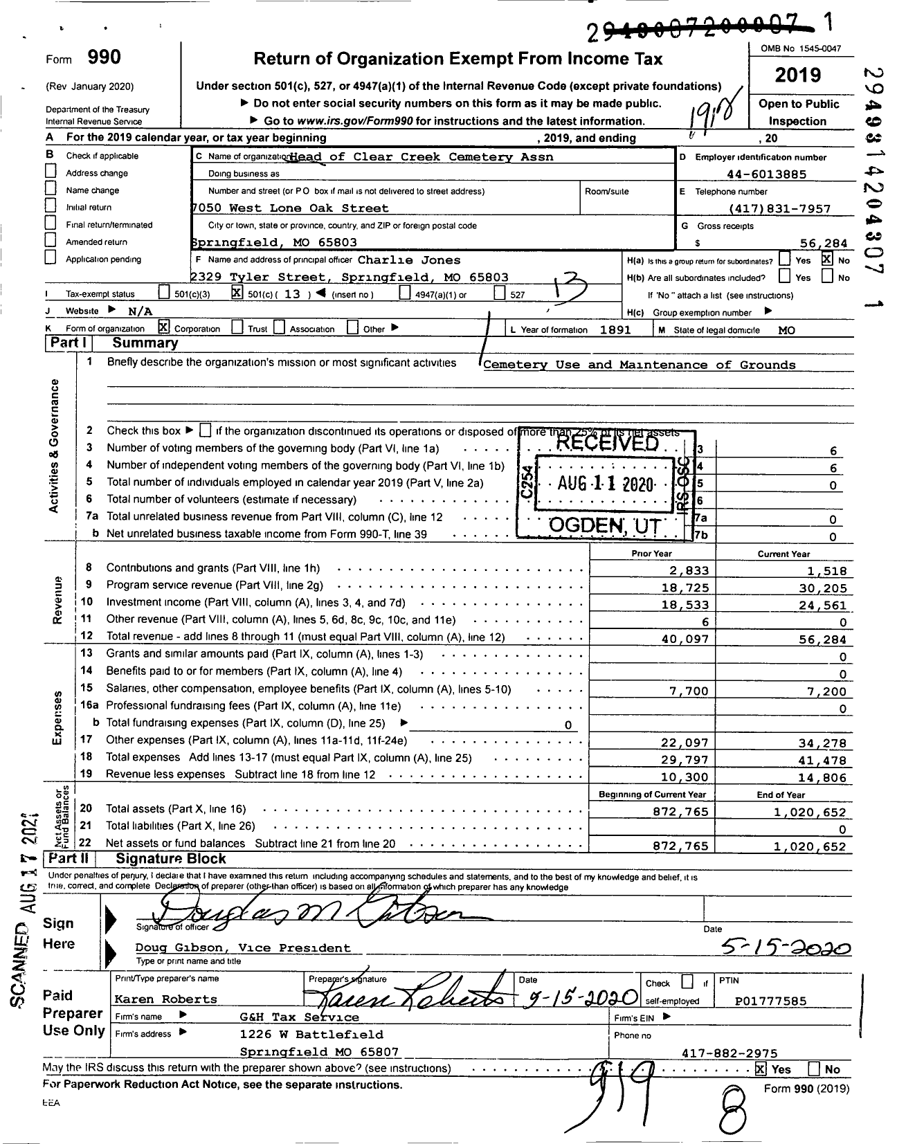 Image of first page of 2019 Form 990O for Head of Clear Creek Cemetery Association