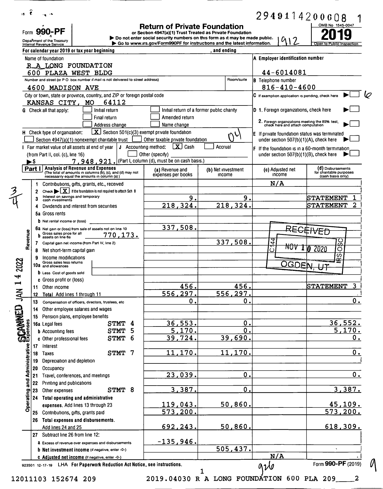 Image of first page of 2019 Form 990PF for R A Long Foundation 600 Plaza West Bldg