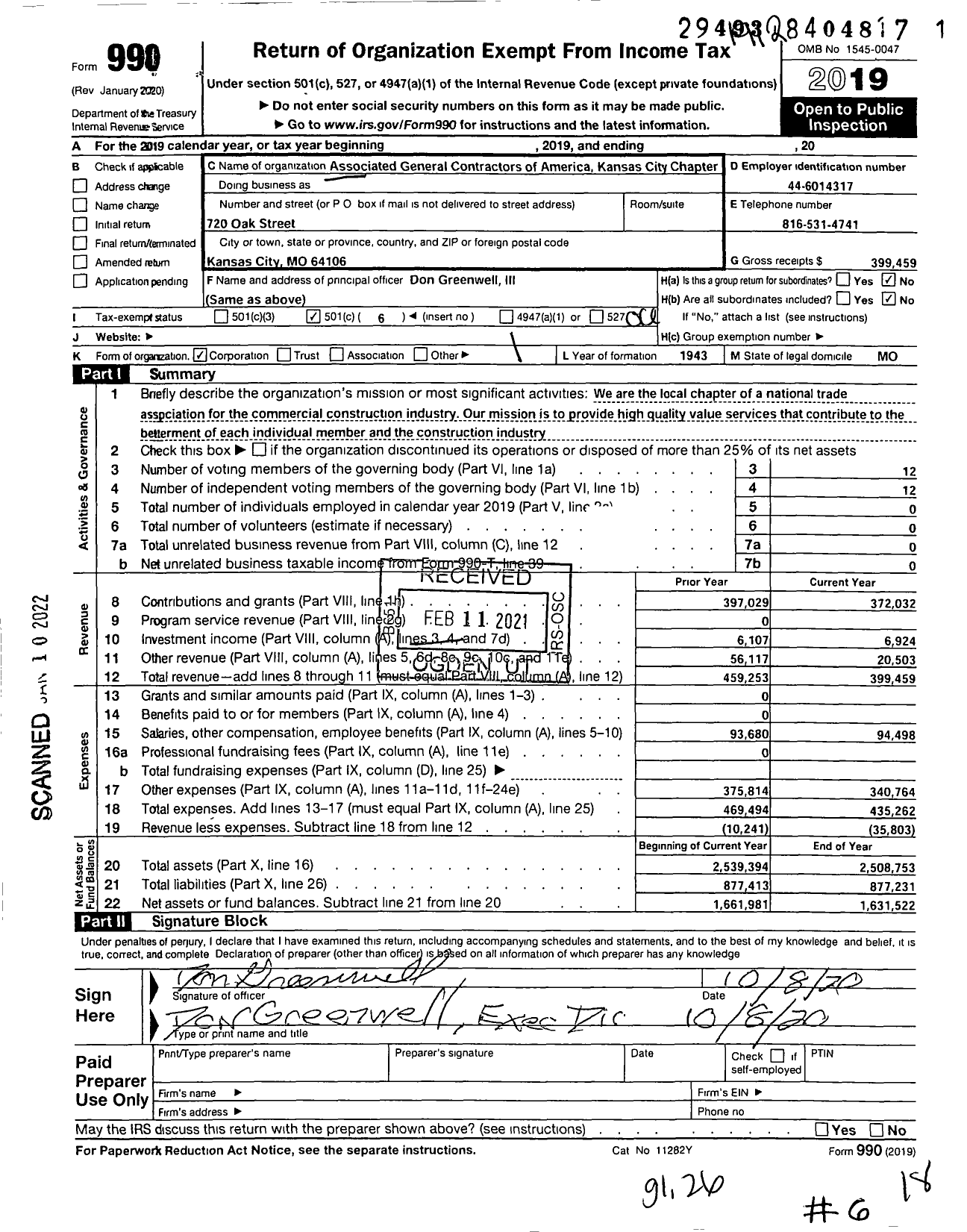 Image of first page of 2019 Form 990O for Associated General Contractors of America Kansas City Chapter