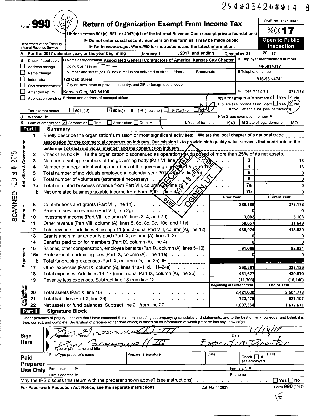 Image of first page of 2017 Form 990O for Associated General Contractors of America Kansas City Chapter