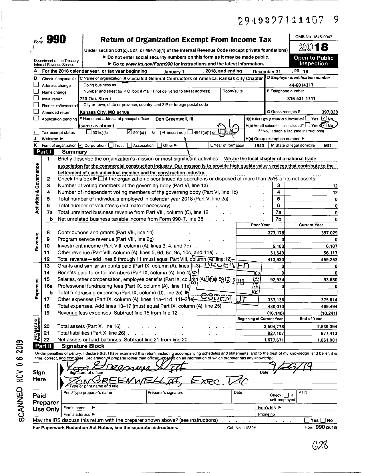 Image of first page of 2018 Form 990O for Associated General Contractors of America Kansas City Chapter