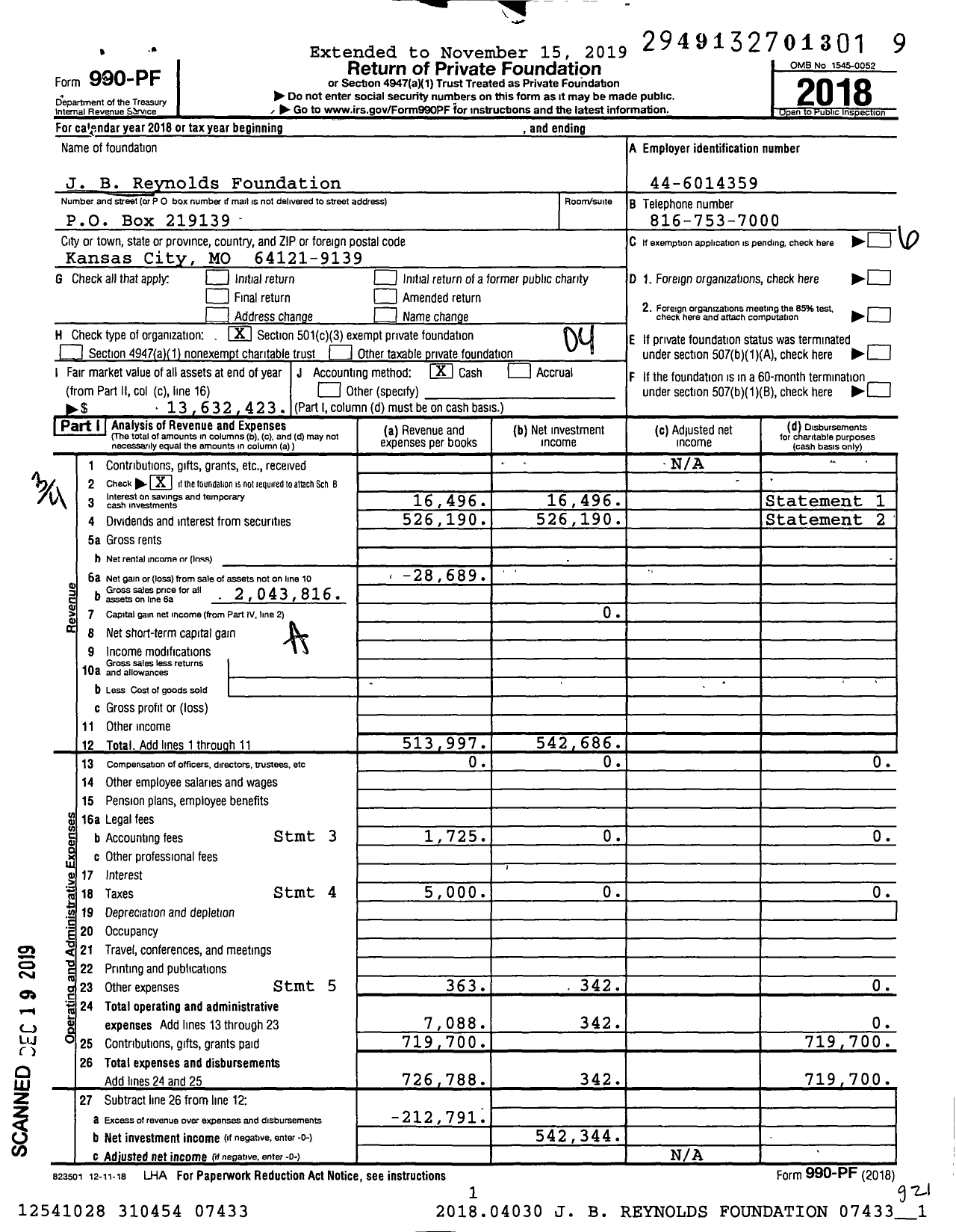 Image of first page of 2018 Form 990PF for J B Reynolds Foundation