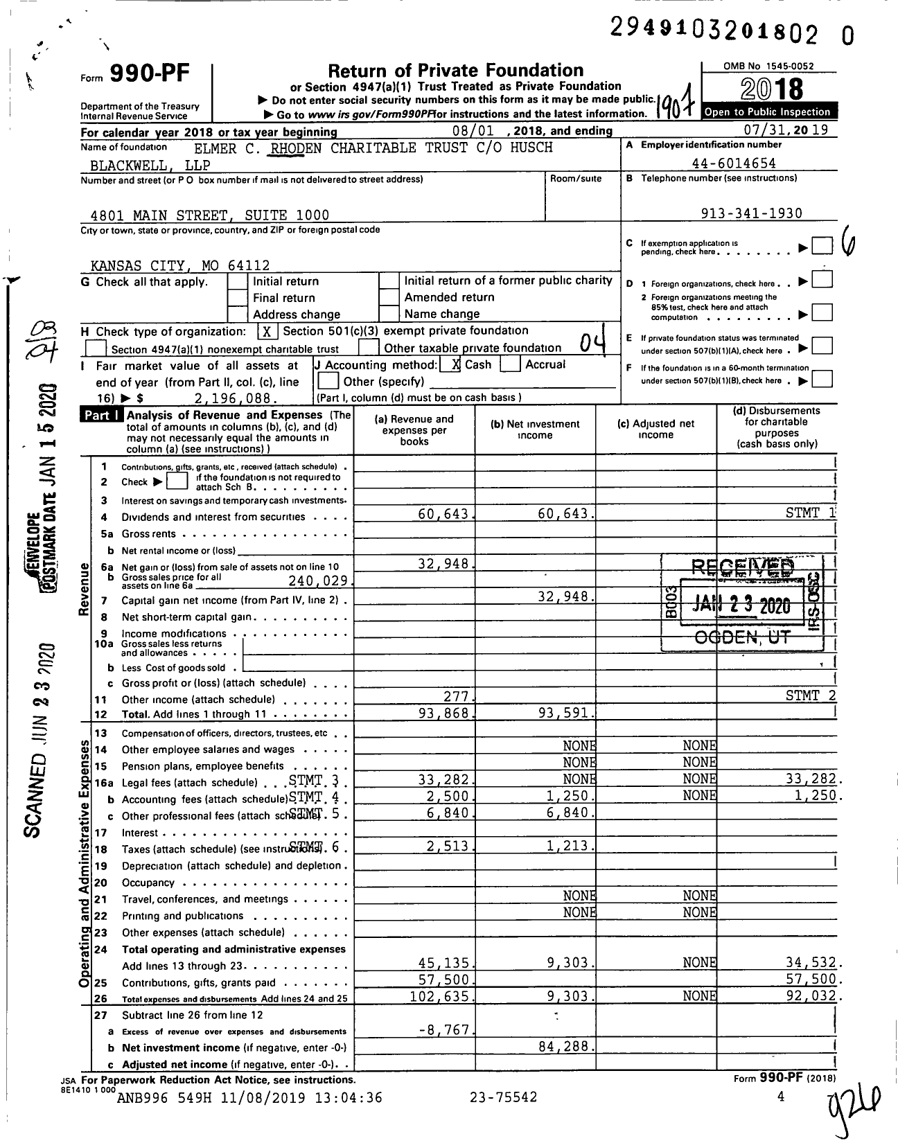 Image of first page of 2018 Form 990PR for Elmer C Rhoden Charitable Trust Husch