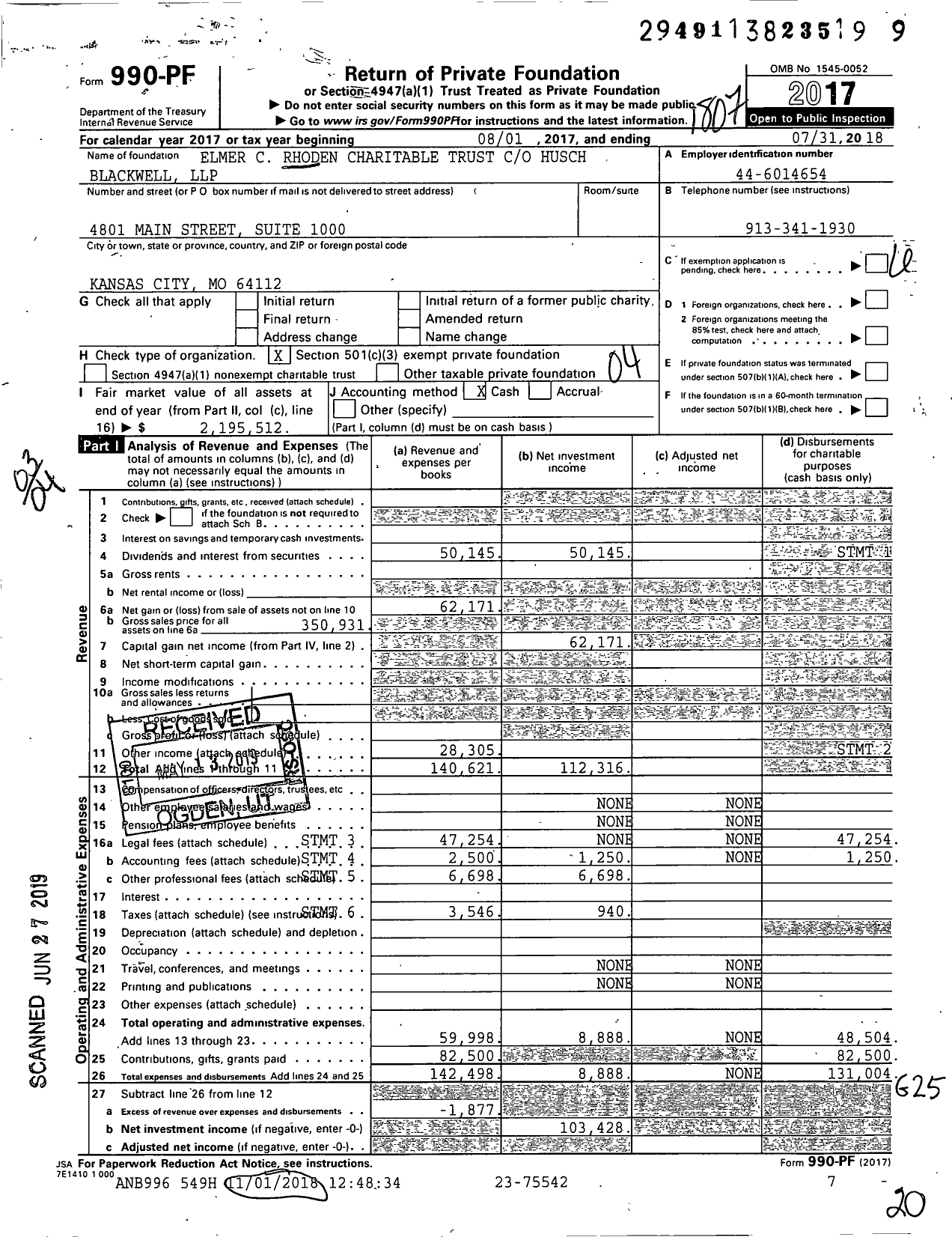 Image of first page of 2017 Form 990PF for Elmer C Rhoden Charitable Trust Husch