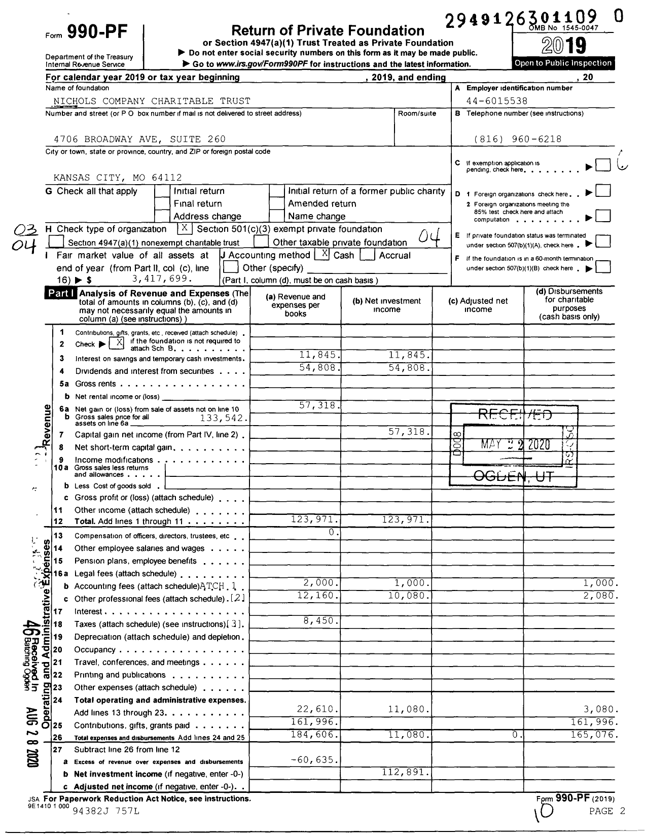 Image of first page of 2019 Form 990PF for Nichols Company Charitable Trust