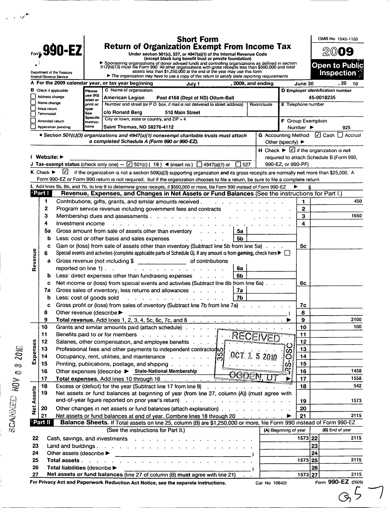 Image of first page of 2009 Form 990EO for The St Thomas American Legion Post 168