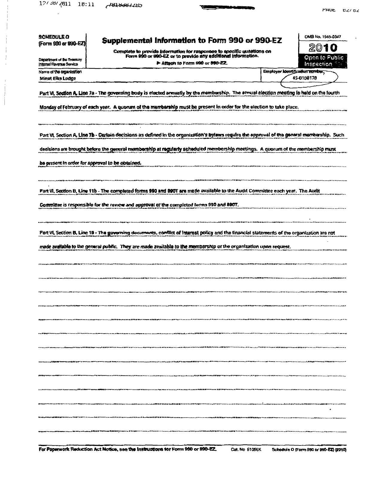 Image of first page of 2010 Form 990OR for Benevolent and Protective Order of Elks - 1089 Minot