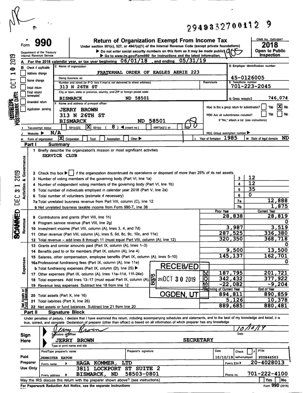 Image of first page of 2018 Form 990O for Fraternal Order of Eagles - 2237 Bismarck Eagles Aerie