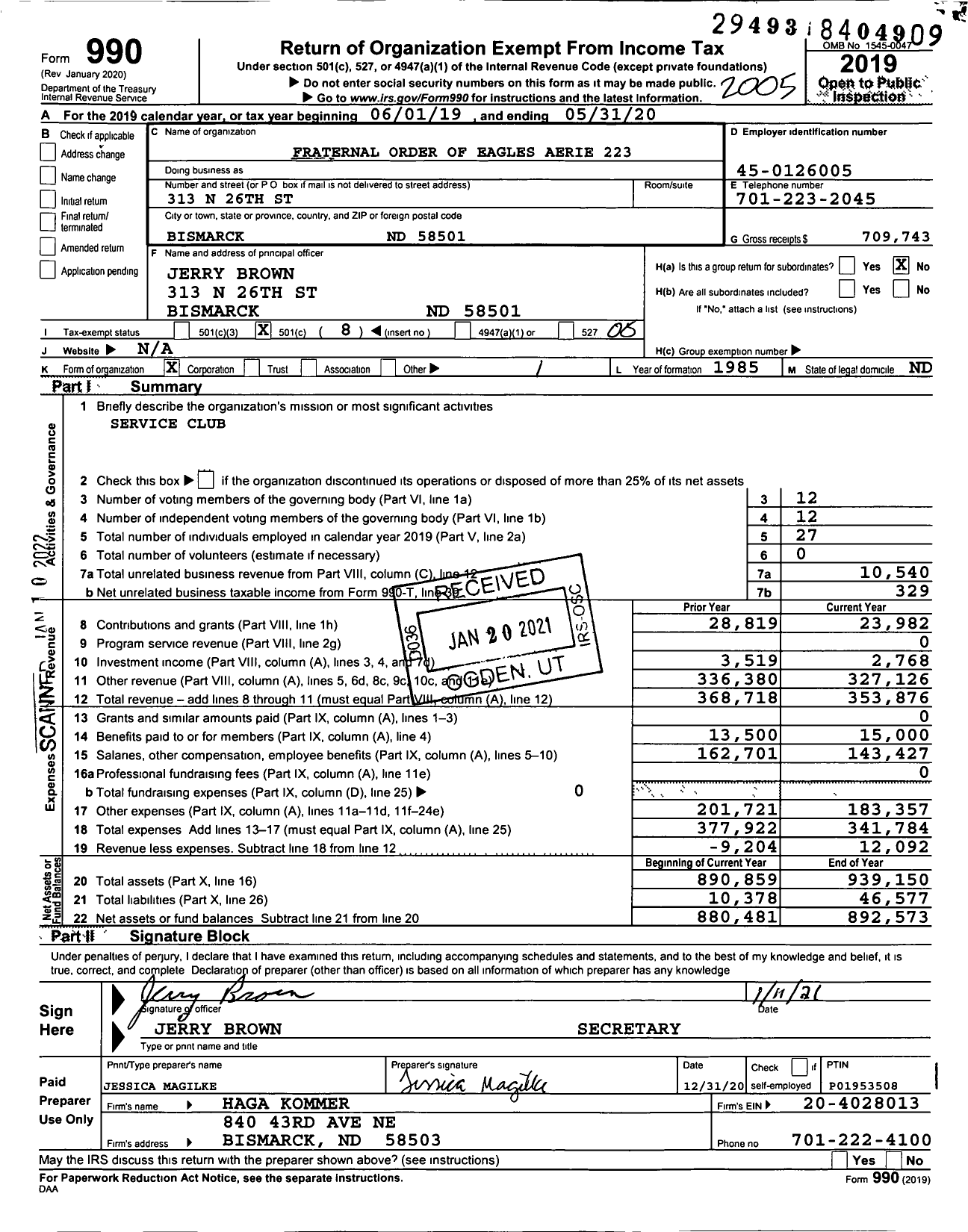 Image of first page of 2019 Form 990O for Fraternal Order of Eagles - 2237 Bismarck Eagles Aerie