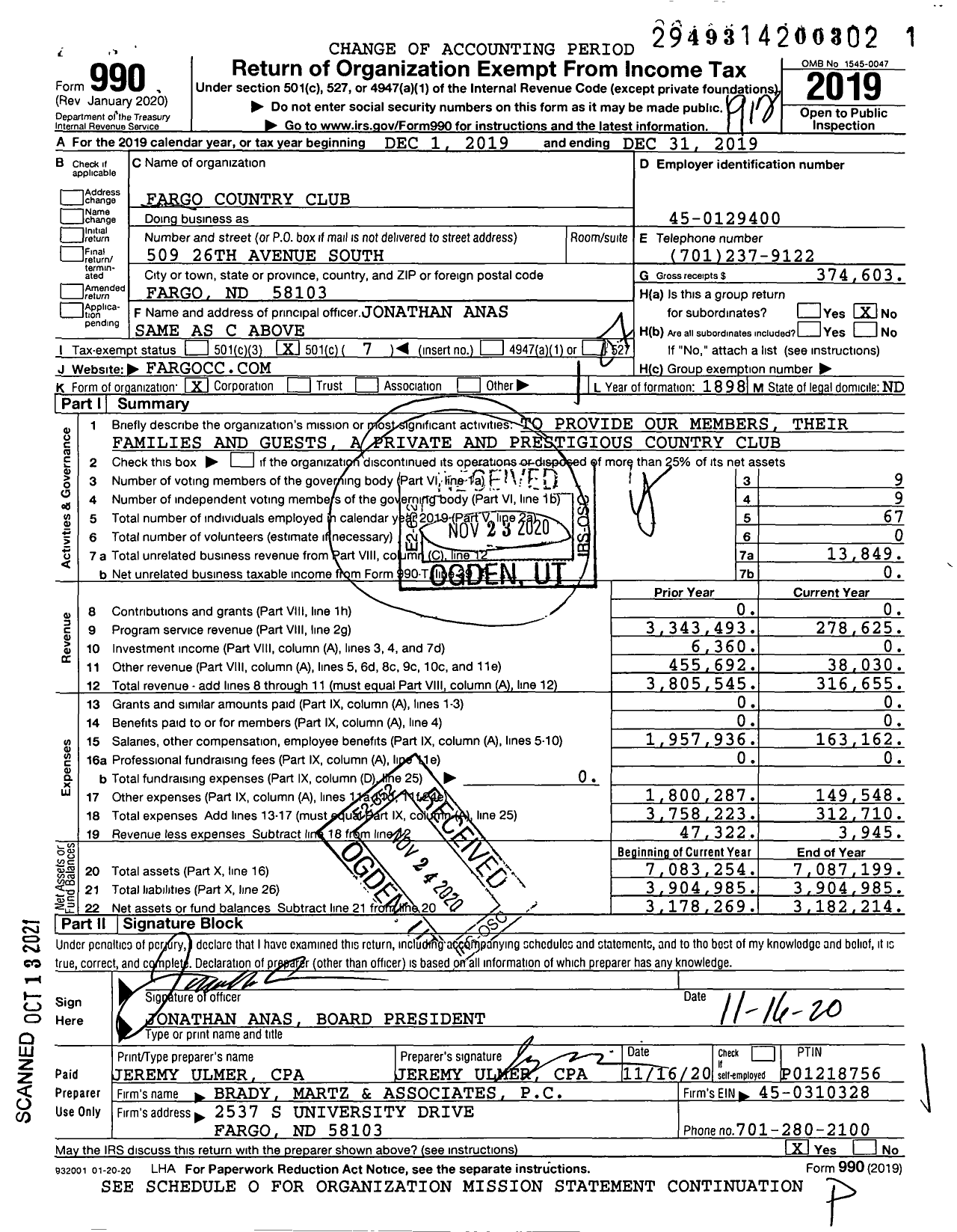 Image of first page of 2019 Form 990O for Fargo Country Club