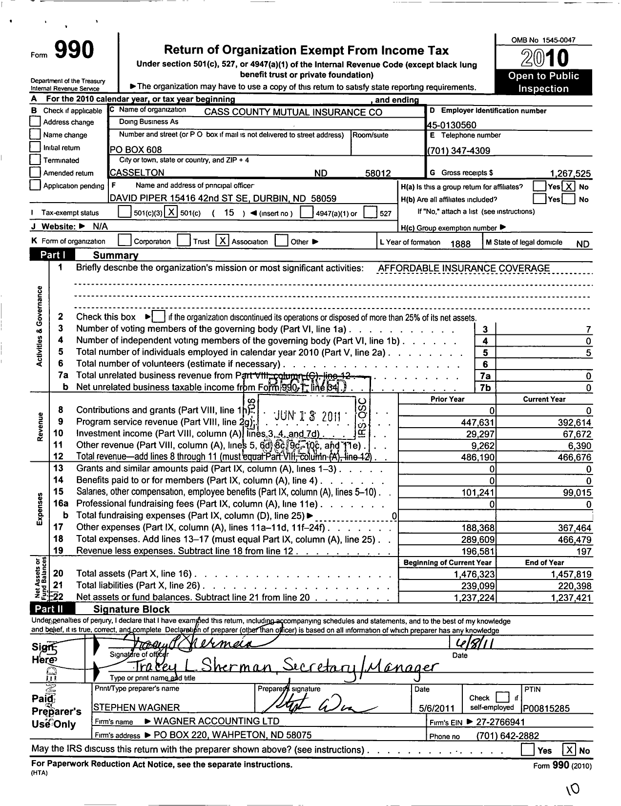 Image of first page of 2010 Form 990O for Cass County Mutual Insurance