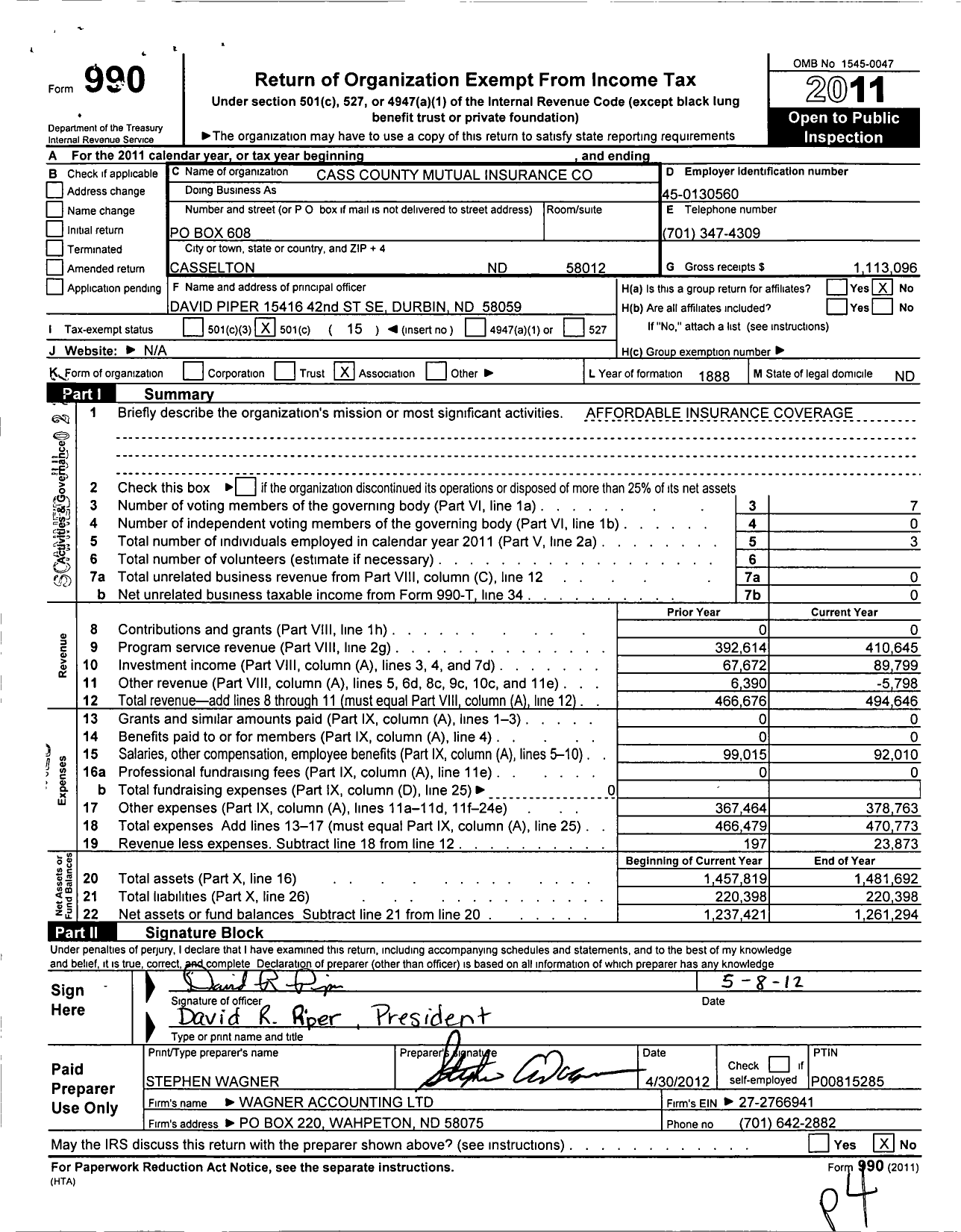 Image of first page of 2011 Form 990O for Cass County Mutual Insurance