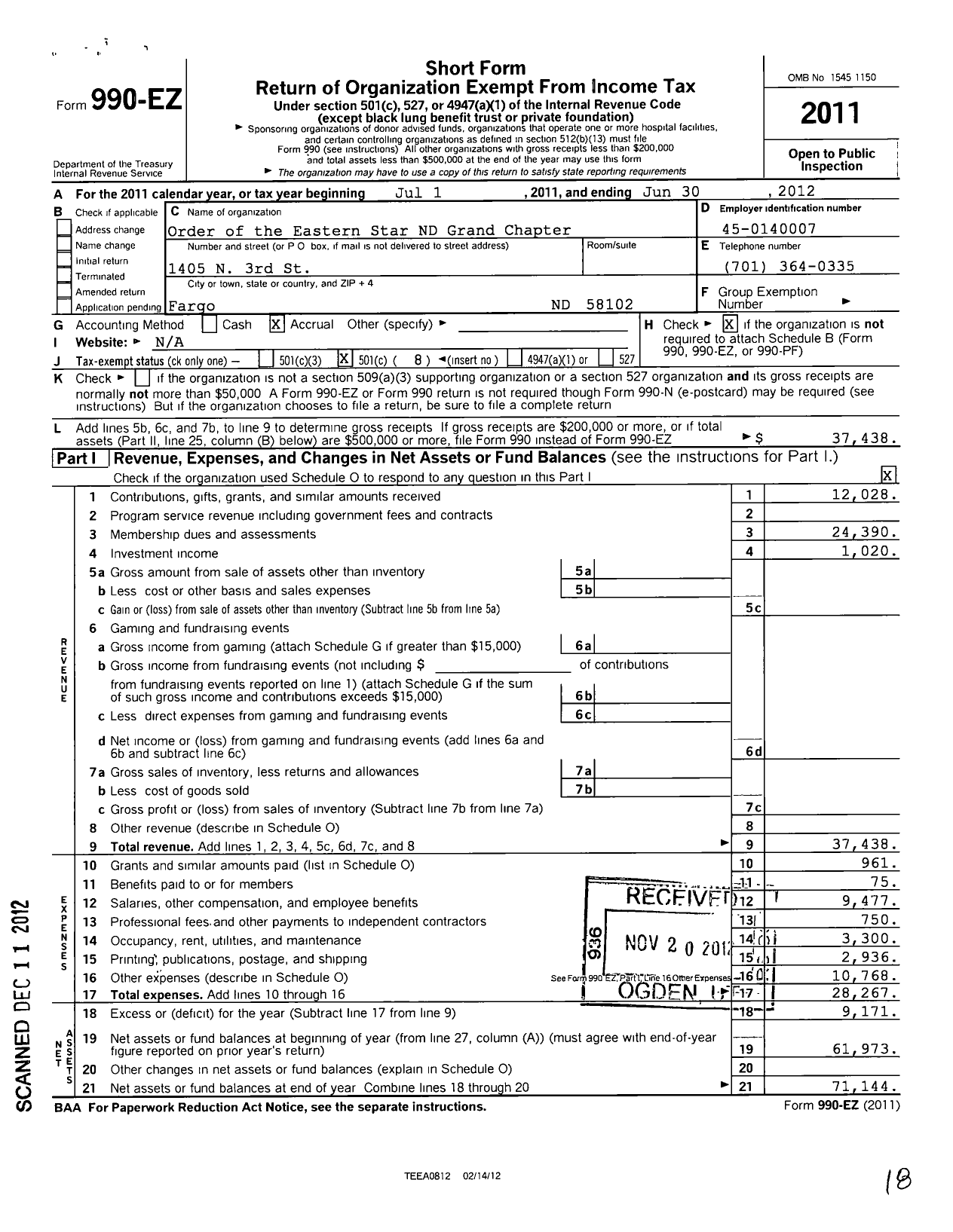 Image of first page of 2011 Form 990EO for Order of the Eastern Star of North Dakota Grand Chapter