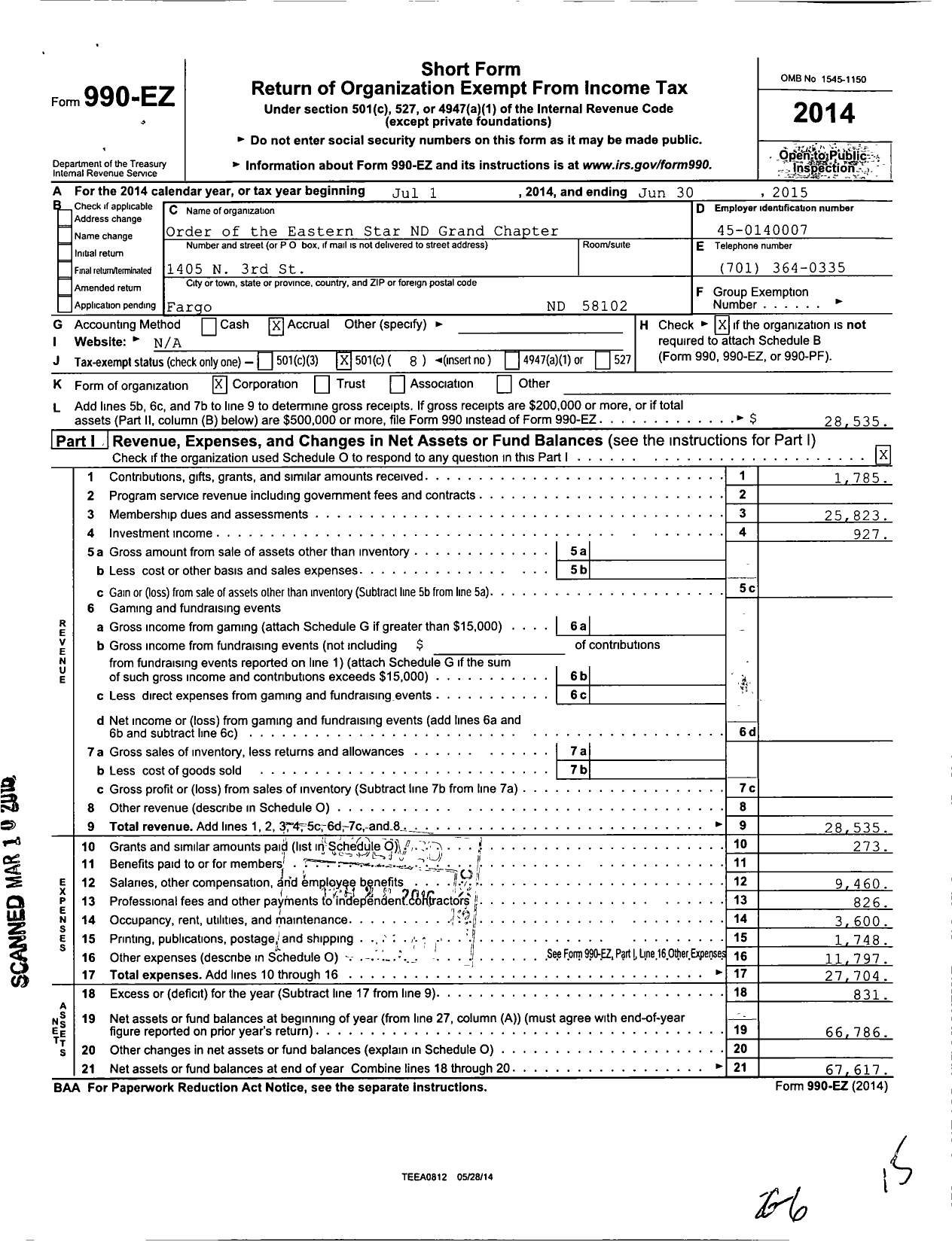 Image of first page of 2014 Form 990EO for Order of the Eastern Star of North Dakota Grand Chapter