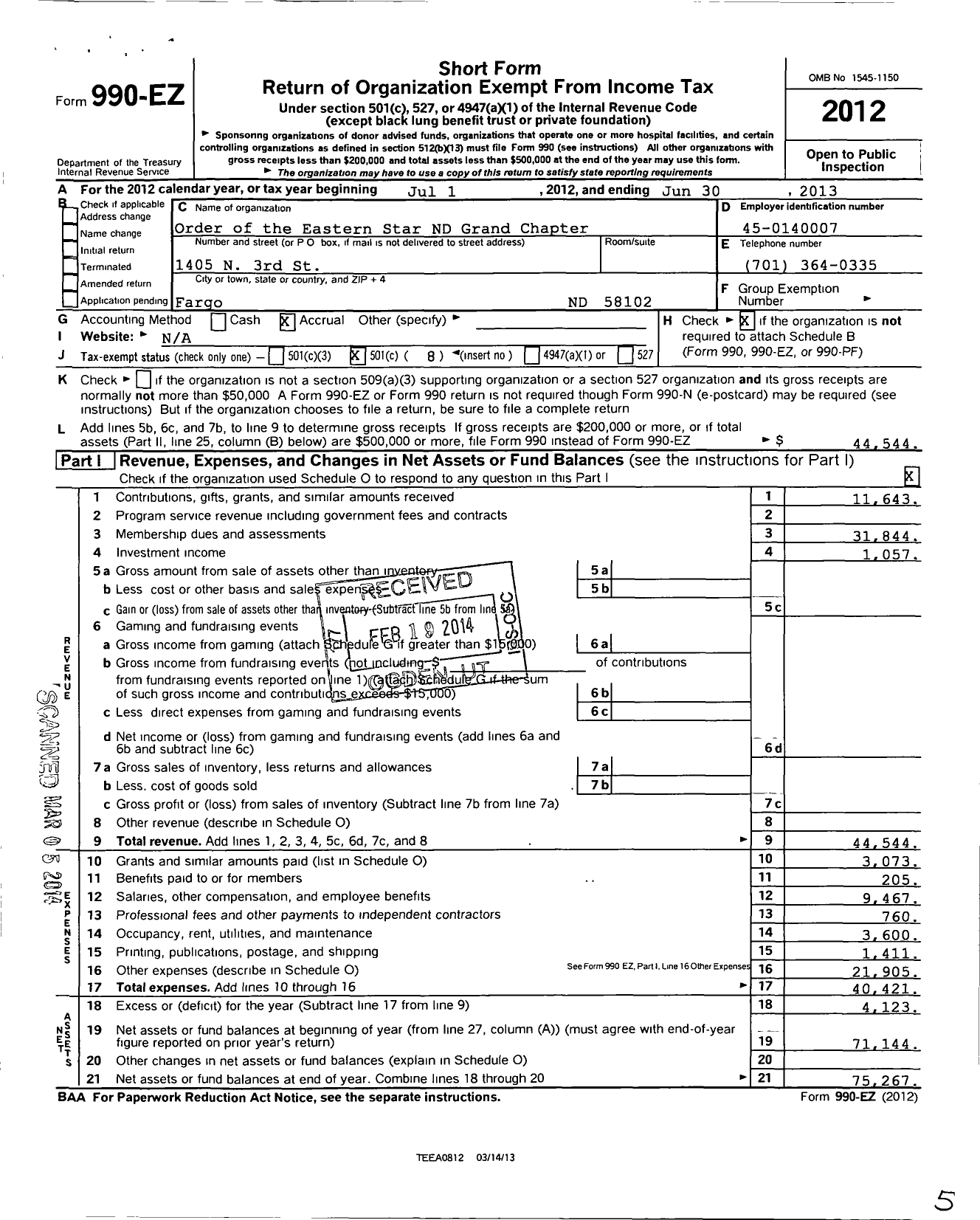 Image of first page of 2012 Form 990EO for Order of the Eastern Star of North Dakota Grand Chapter