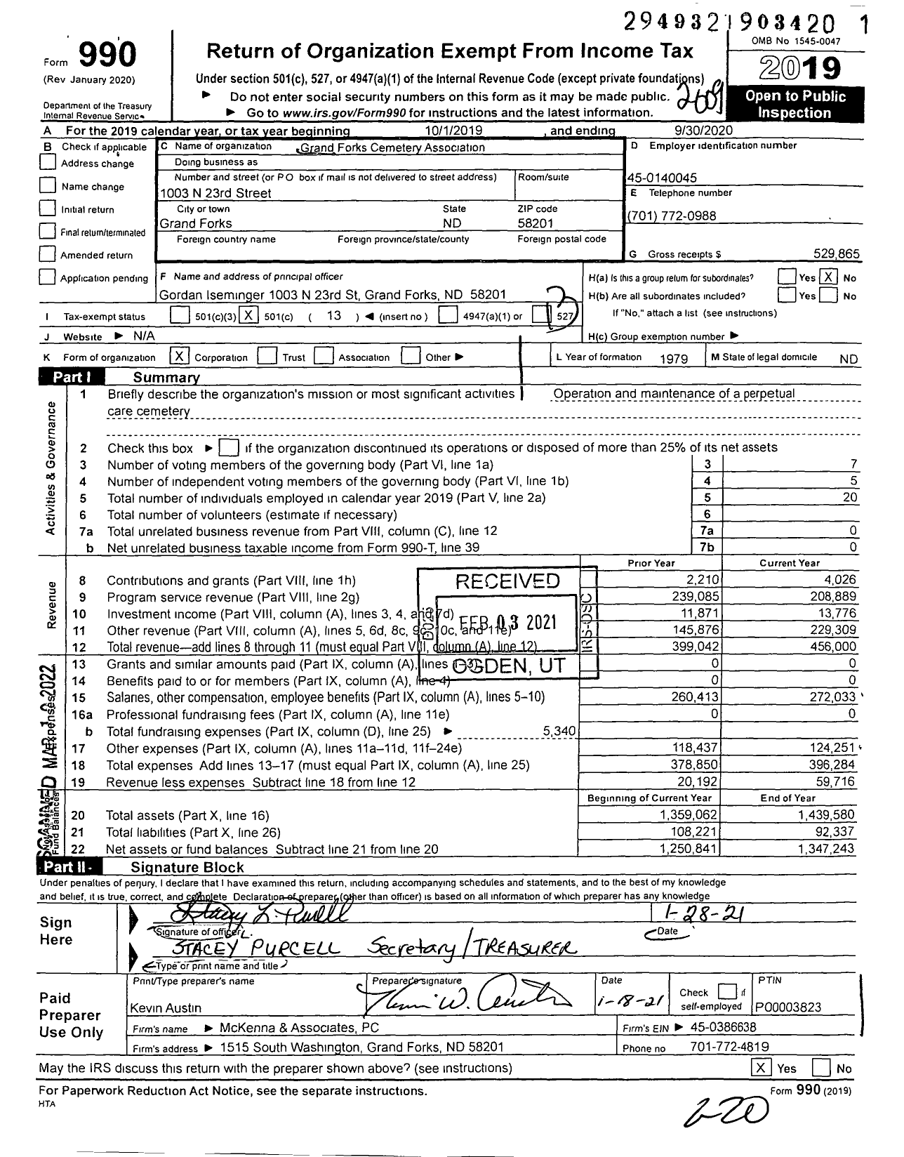 Image of first page of 2019 Form 990O for Grand Forks Cemetery Association
