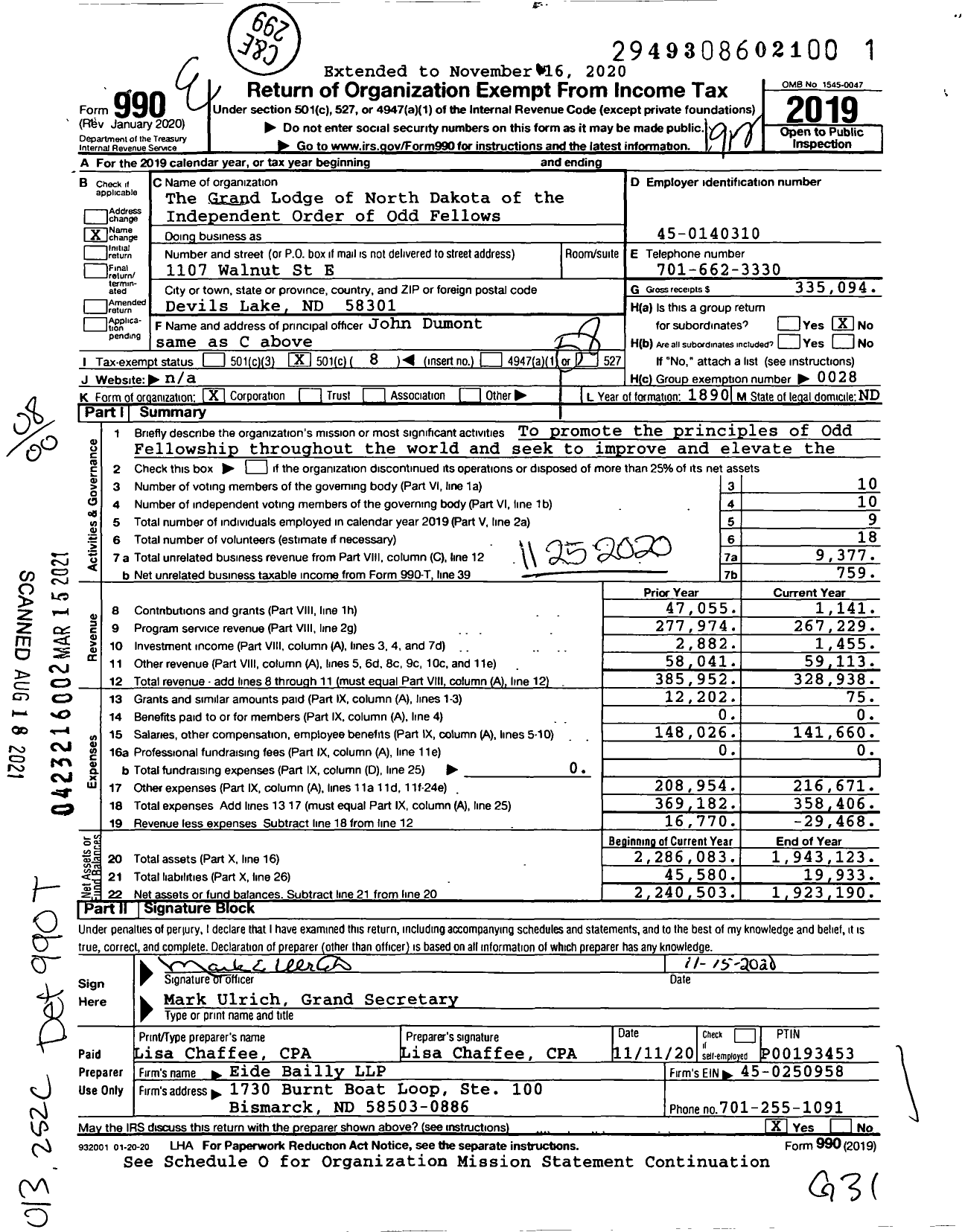 Image of first page of 2019 Form 990O for Independent Order of Odd Fellows - North Dakota Grand Lodge