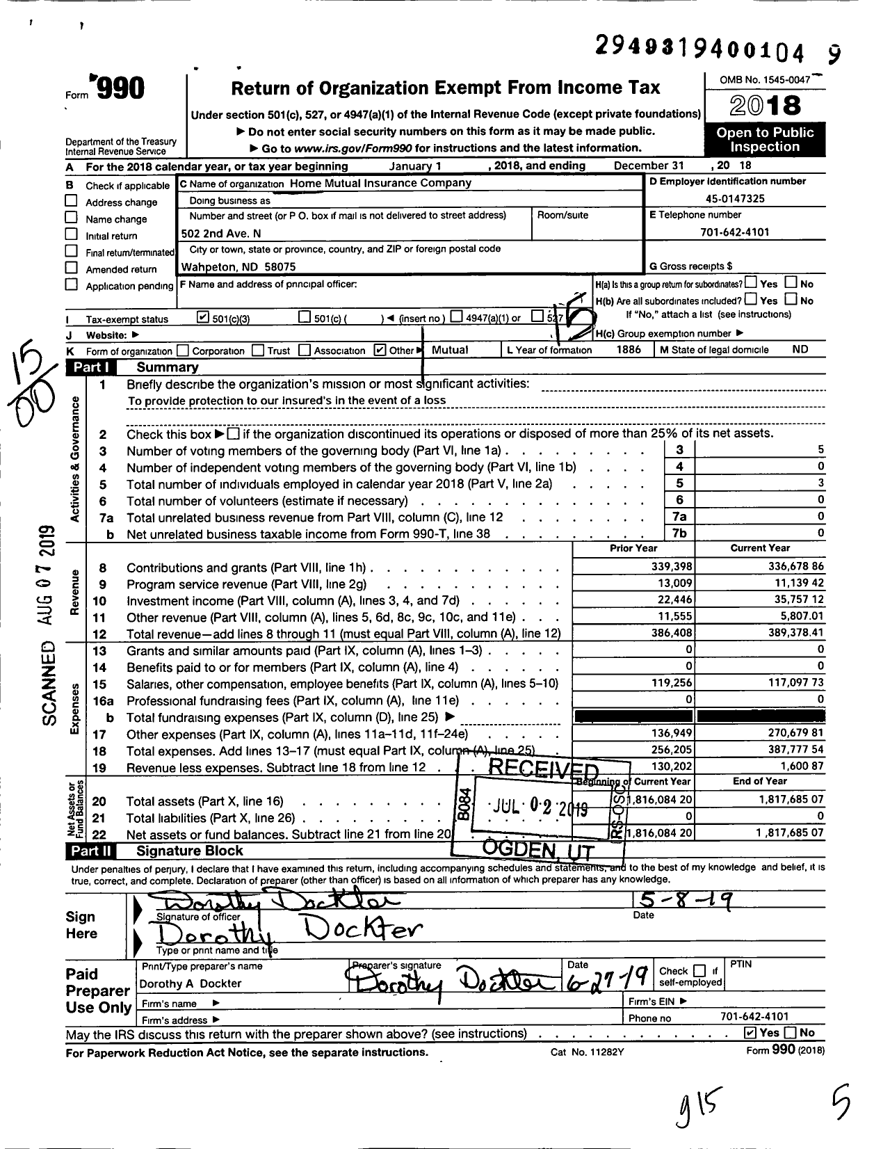 Image of first page of 2018 Form 990O for Home Mutual Insurance Company
