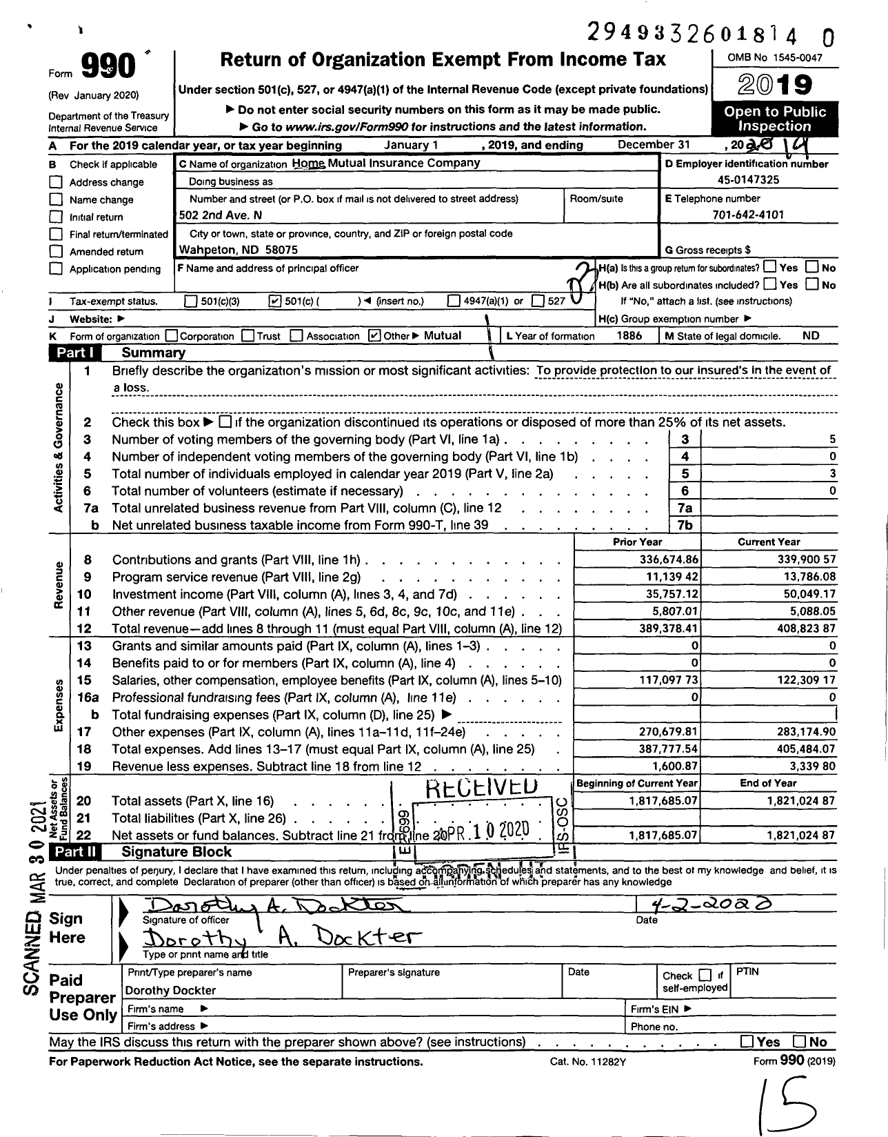 Image of first page of 2019 Form 990 for Home Mutual Insurance Company