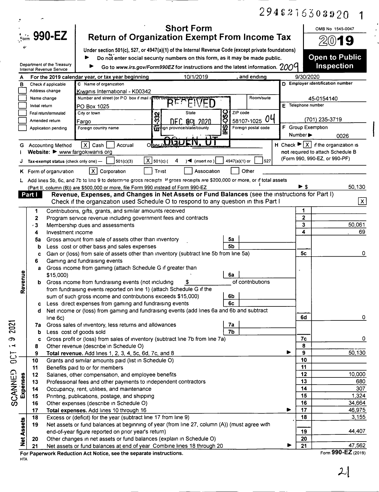 Image of first page of 2019 Form 990EO for Kiwanis International - K00342 Fargo