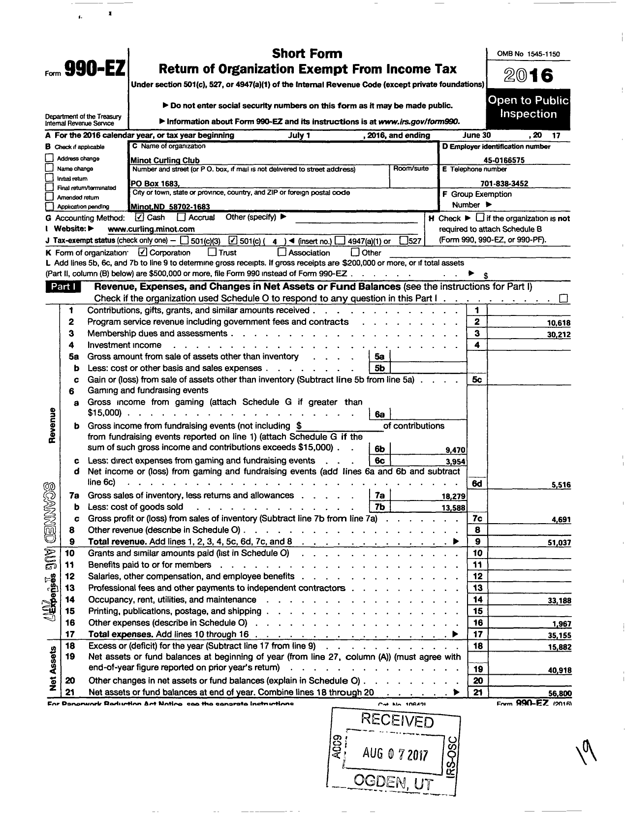 Image of first page of 2016 Form 990EO for Minot Curling Club