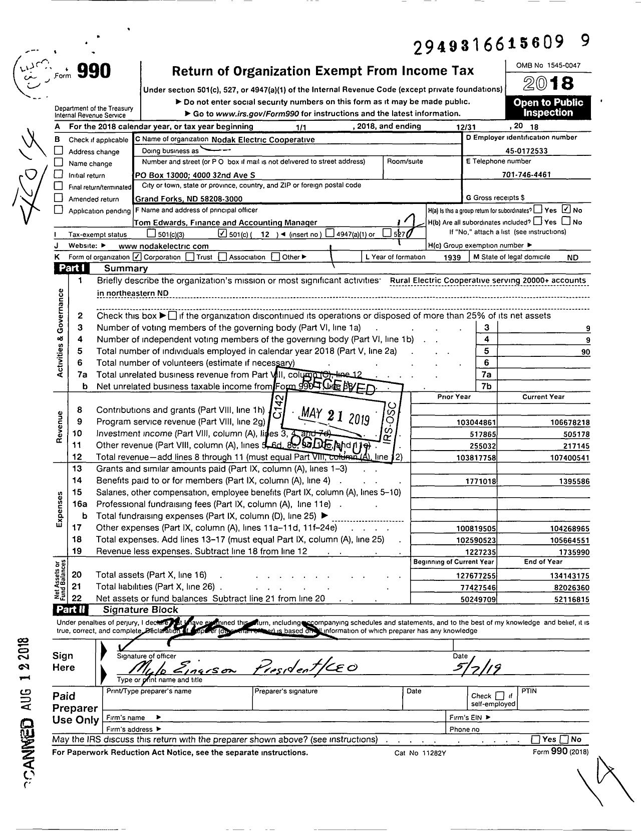Image of first page of 2018 Form 990O for Nodak Electric Cooperative