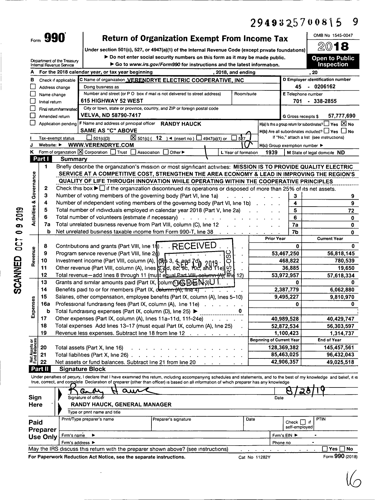 Image of first page of 2018 Form 990O for Verendrye Electric Cooperative