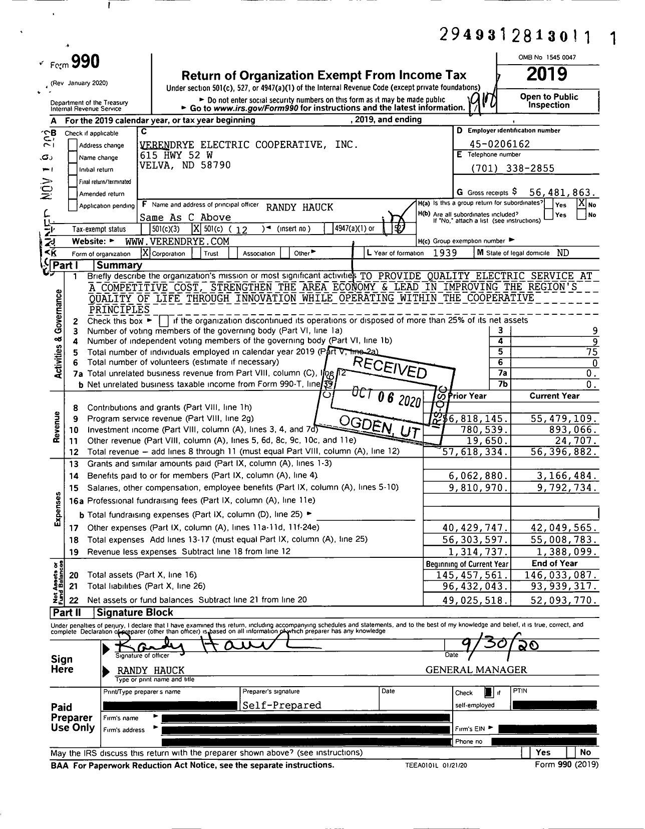 Image of first page of 2019 Form 990O for Verendrye Electric Cooperative