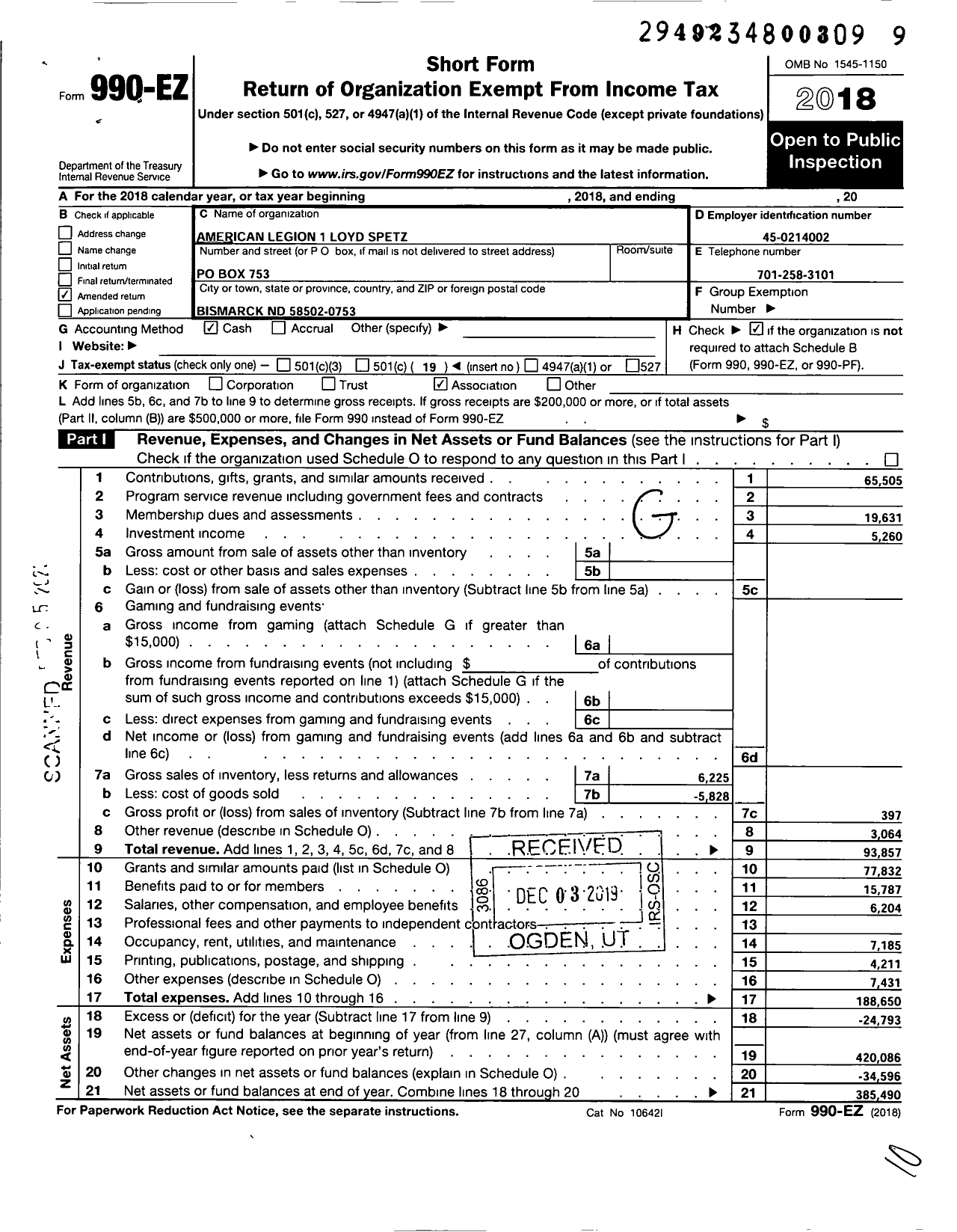 Image of first page of 2018 Form 990EO for American Legion - 1 Loyd Spetz