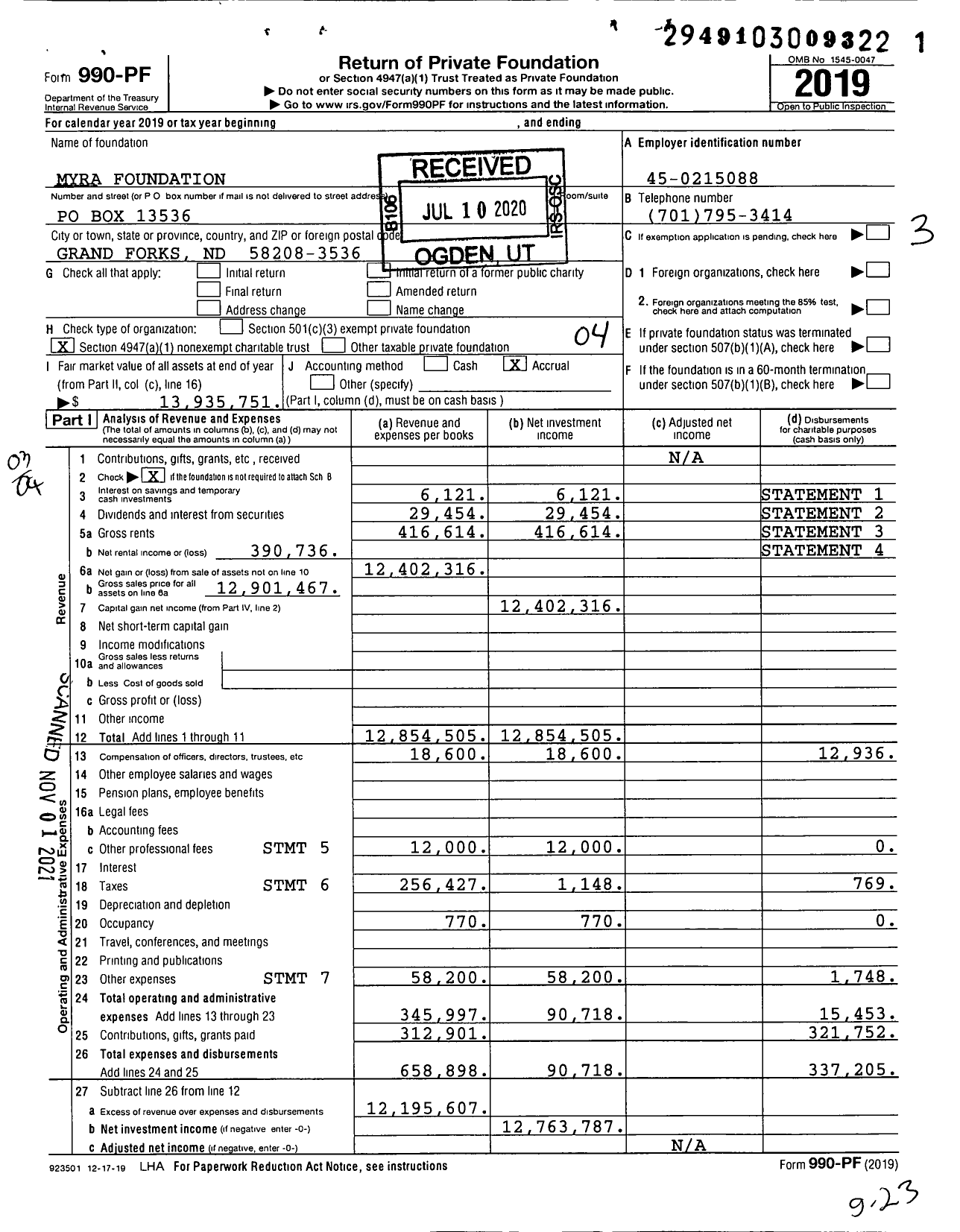 Image of first page of 2019 Form 990PF for Myra Foundation